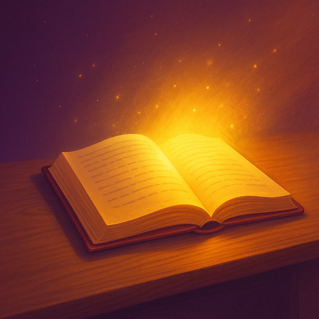 An open hardcover book on a wooden desk glowing softly under golden light, symbolizing manuscript evaluation and story development.
