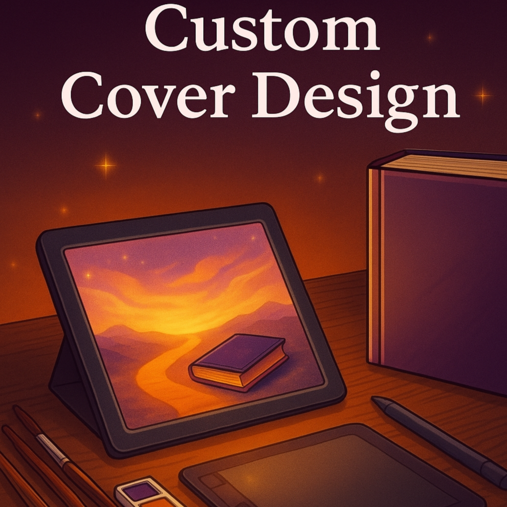 Professional book cover design workspace illustration — sunset background with books, tablet, and writing tools — representing Yellow Brick Road Publishing Co.’s custom book cover design, author branding, and professional publishing services.
