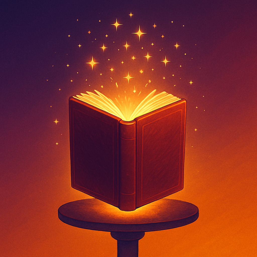 A glowing book on a pedestal surrounded by golden sparkles under a purple-orange gradient sky, symbolizing a successful book launch.