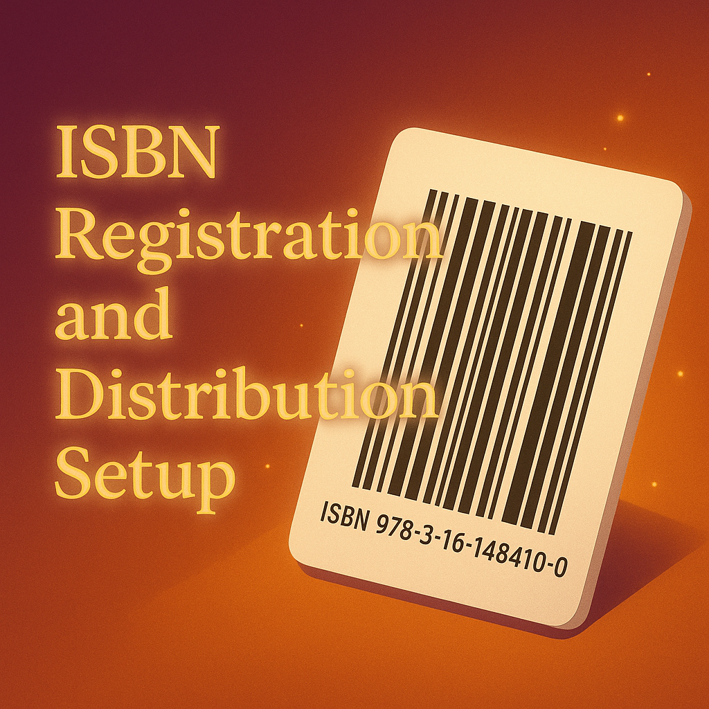 A stack of glowing books with a visible barcode and connected light beams, representing ISBN registration and global distribution.