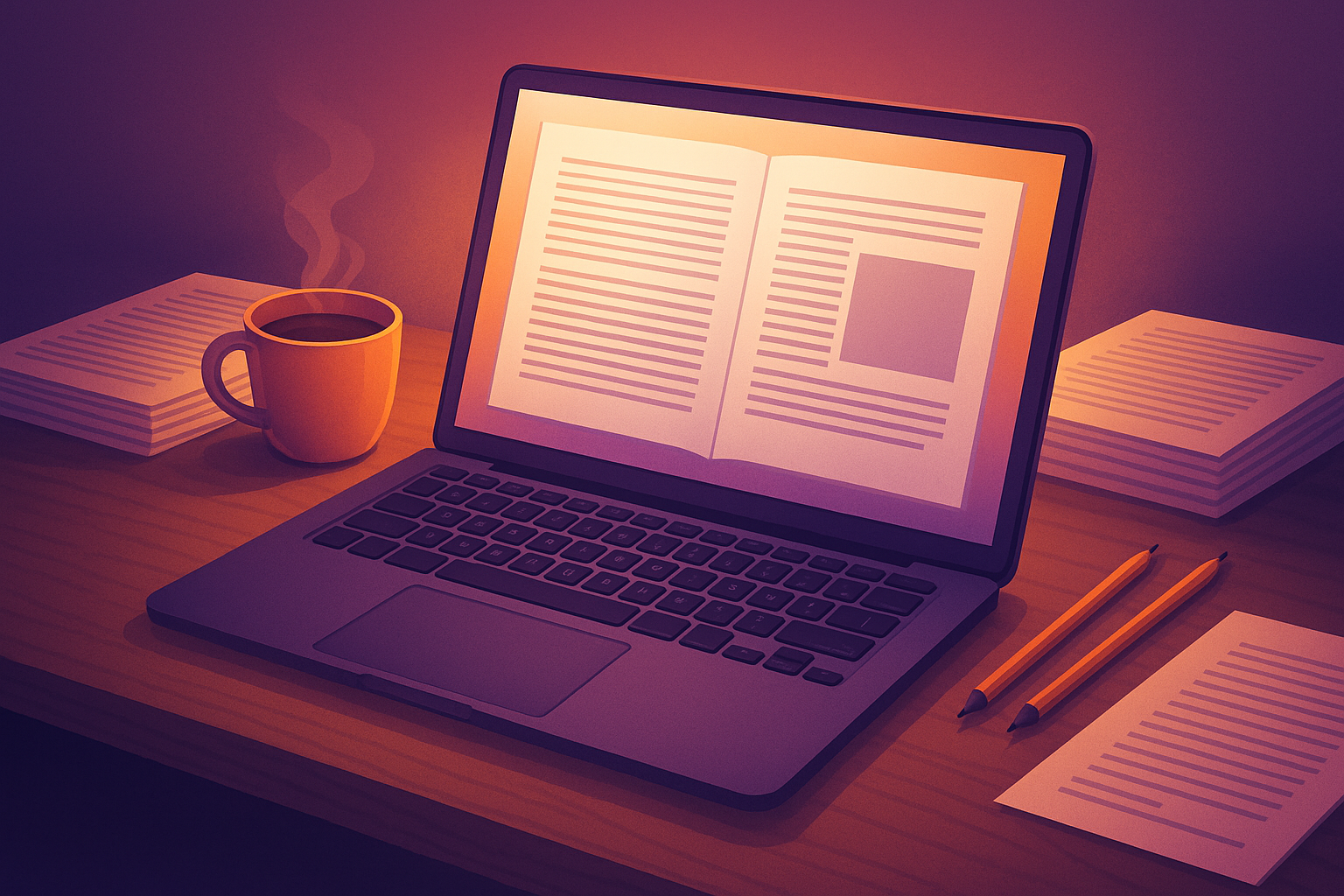 A designer’s workspace with an open laptop showing a formatted book layout, surrounded by printed pages and warm purple-gold lighting.