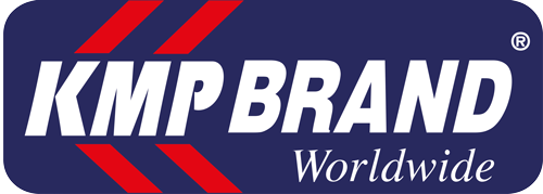 KMP BRAND Worldwide logo with a dark blue background, red stripes, and white text