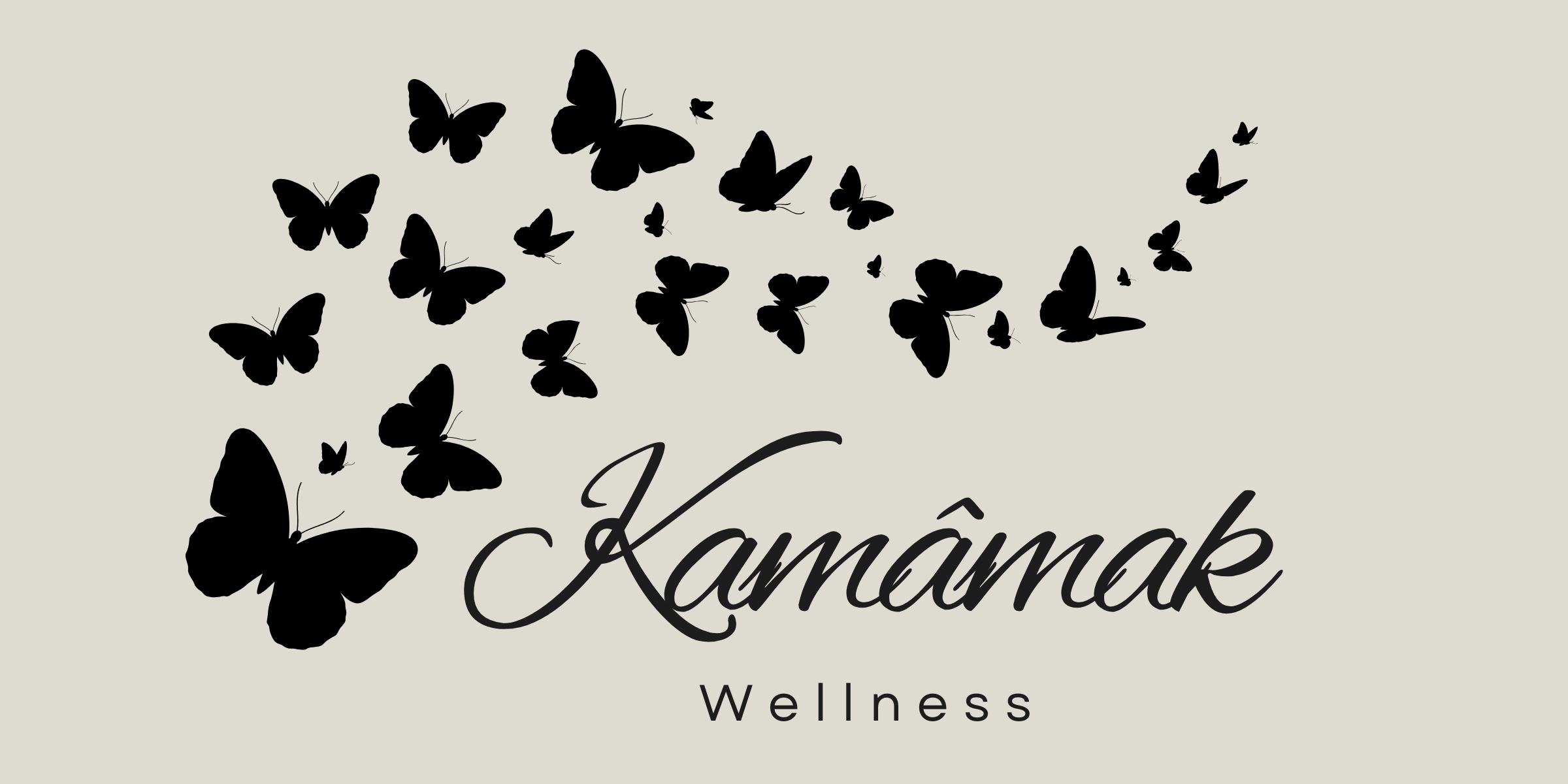 Black butterfly silhouettes flying around the word "Kamâk" in cursive font, with "Wellness" written below, on a light gray background.