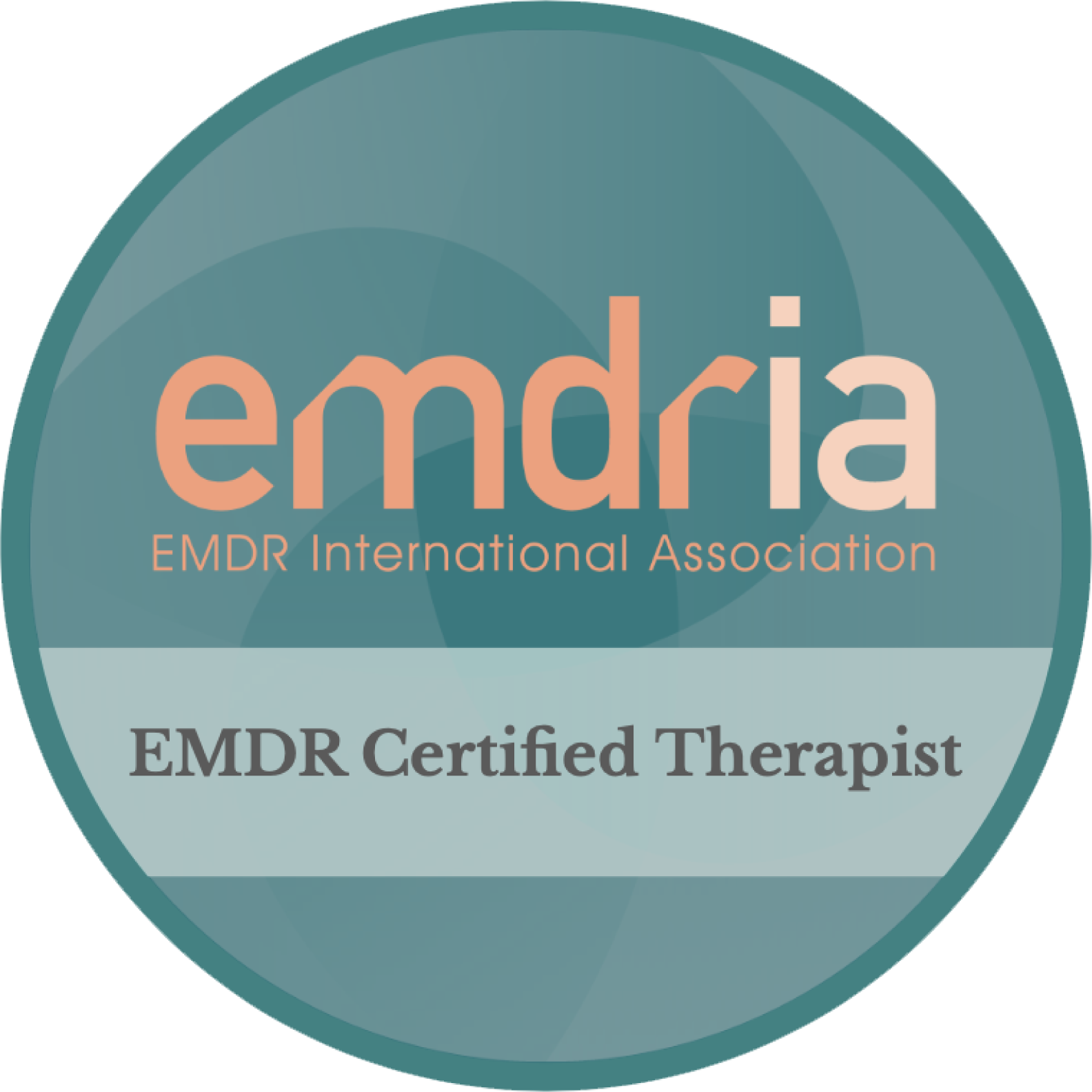 A circular badge with a teal background featuring the text 'emdria EMDR International Association' in orange and gray font, and 'EMDR Certified Therapist' underneath.