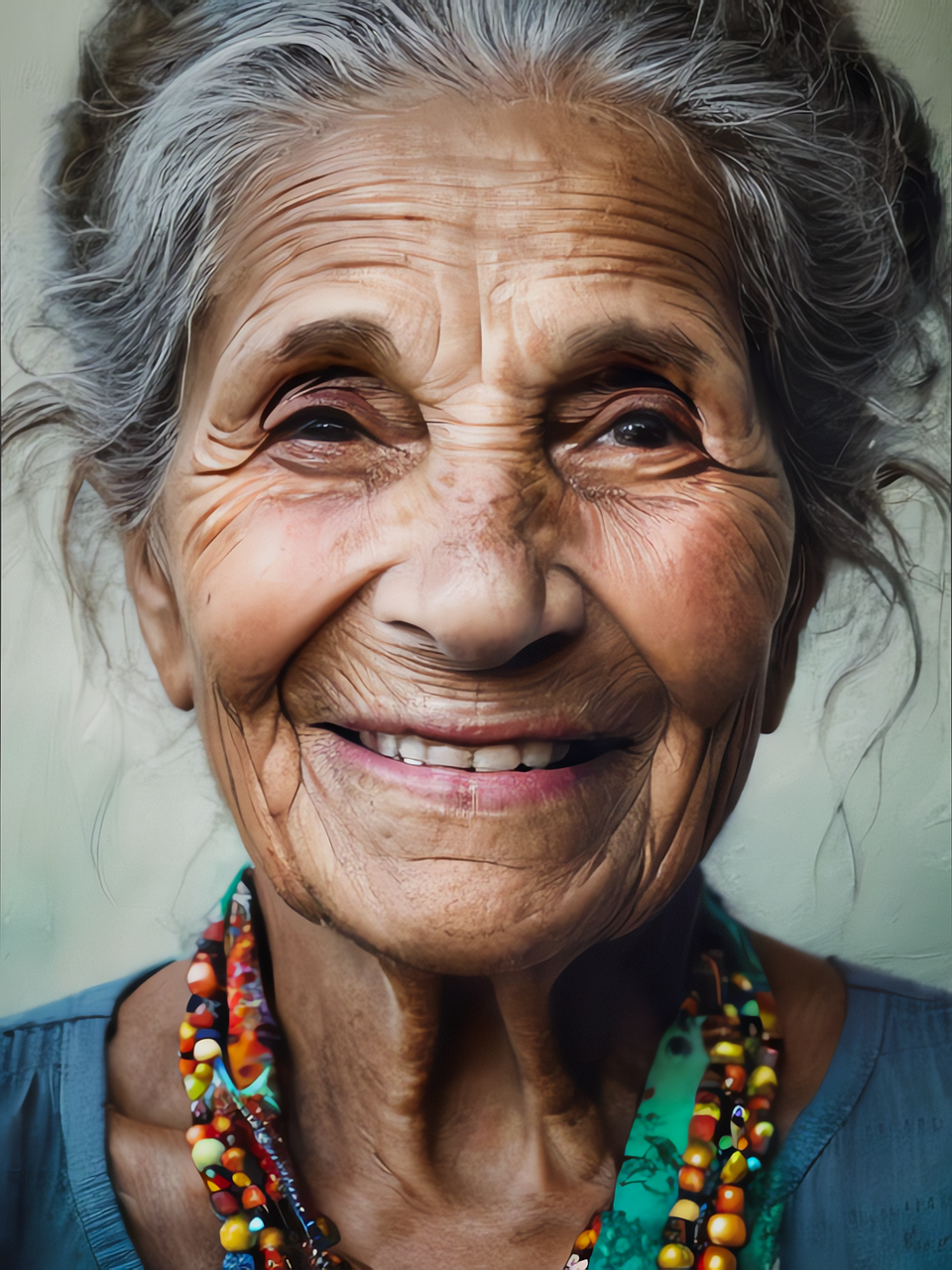 Close-up of an elderly woman with a big smile, gray hair, and wearing colorful beaded necklaces.