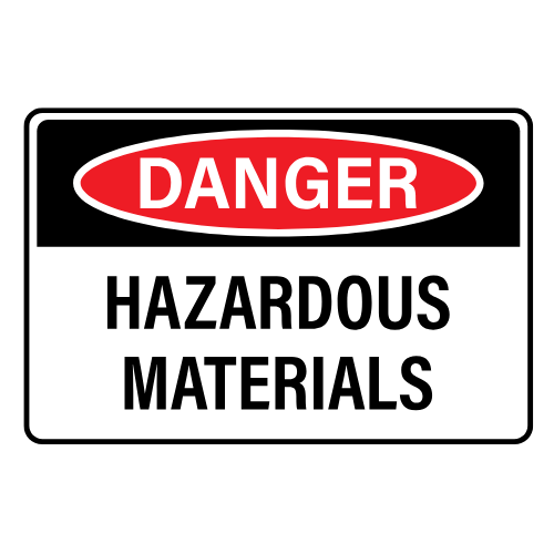 This image displays Danger in a red fill with white text. Below is the text "Hazardous Materials"