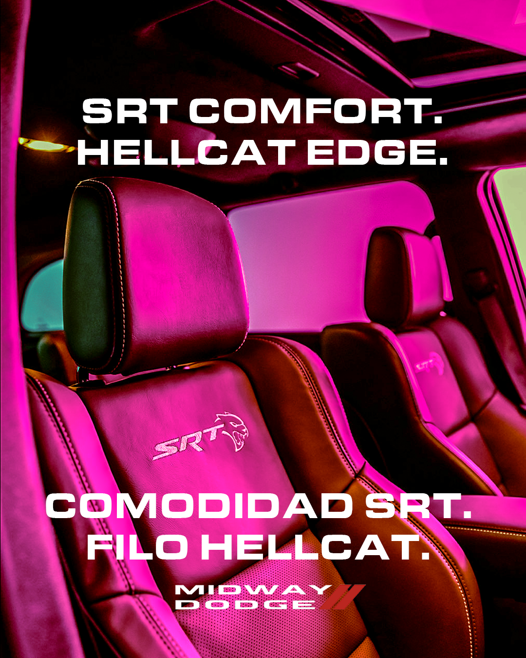 The interior of a vehicle featuring black leather seats with pink lighting. The seats have embroidered SRT branding and the Midway Dodge logo visible on the seats.