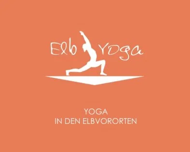 Logo einer Yoga-Organisation namens 'Elb Yoga' mit Slogan 'YOGA IN DEN ELBVAROTEN' auf orangerem Hintergrund