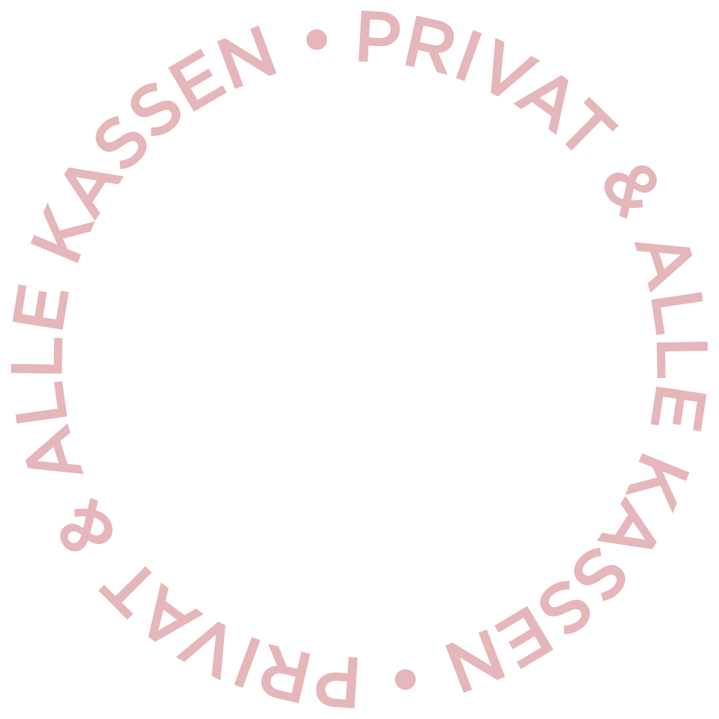 Ein kreisförmiger Text mit der Aufschrift 'ALL ELE KASSEN - PRIVAT & ALLE KASSEN'.