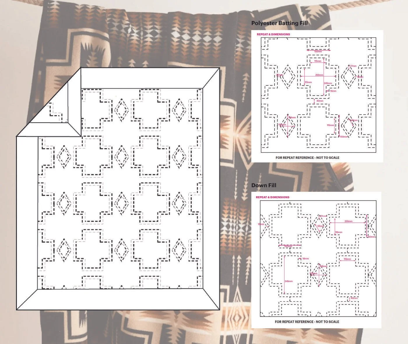 Blanket Cad and Quilting Technical Drawings - Different for Polyester Batted Fill and Down Fill.
