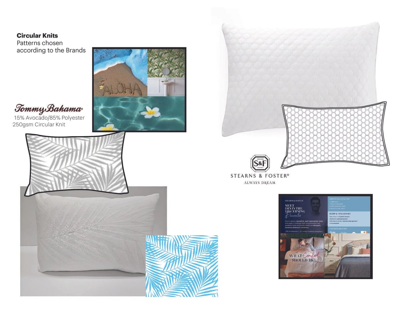 Market Designs: Circular Knit - Pillows shown under Tommy Bahama and Stearns and Foster Brands.