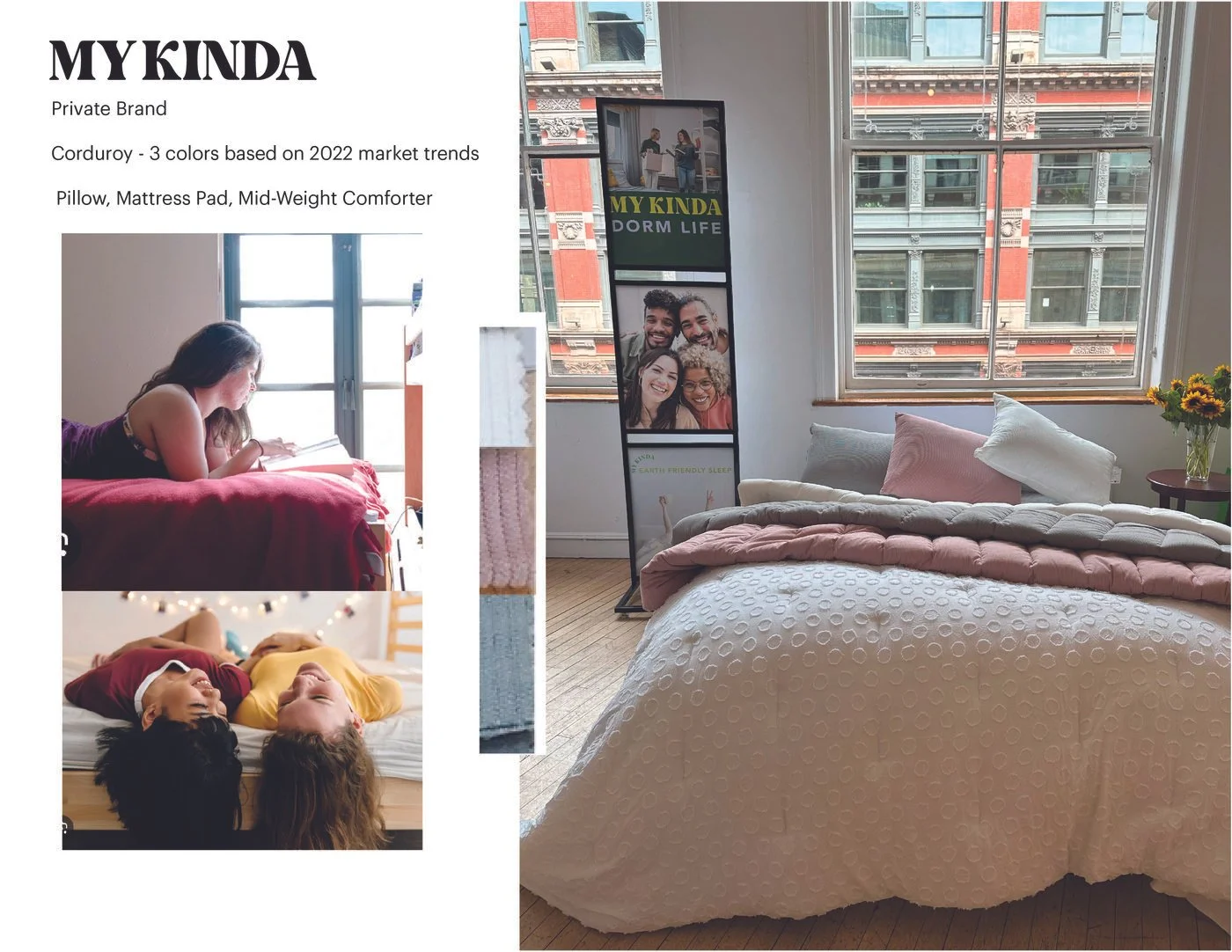 Private Brand Full Bed Market Designs: 100% Recycled Polyester Corduroy (3 Colors). 100% Recycled Polyester Comforter with Circle Cut Motif Texture.