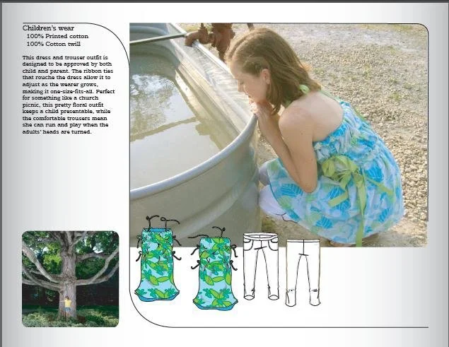 SEWING: Children's Dress and Capri's - Project: An outfit needed for a formal outdoor party, wearable by child and approved of by parent.

Dress: Light printed cotton with blue polyester lining and green draw-ribbons. Ribbons make the dress one-size 