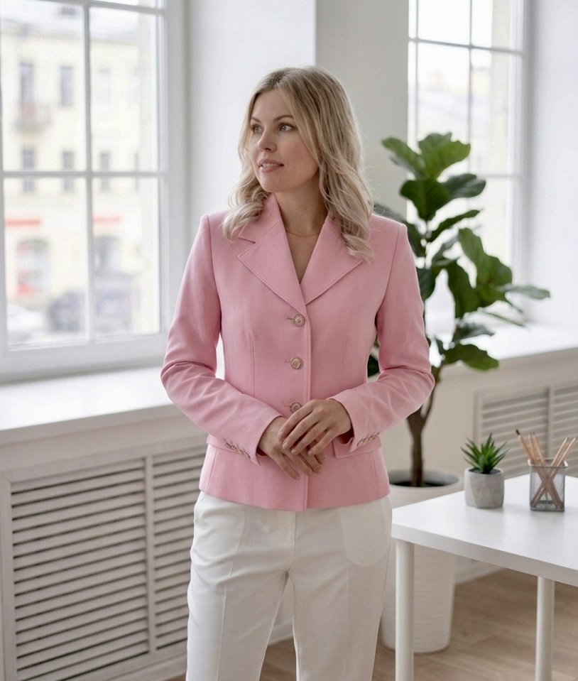 Eine Frau in einem pinkfarbenen Blazer und weißen Hosen steht in einem hellen Büro mit großen Fenstern und Pflanzen im Hintergrund.