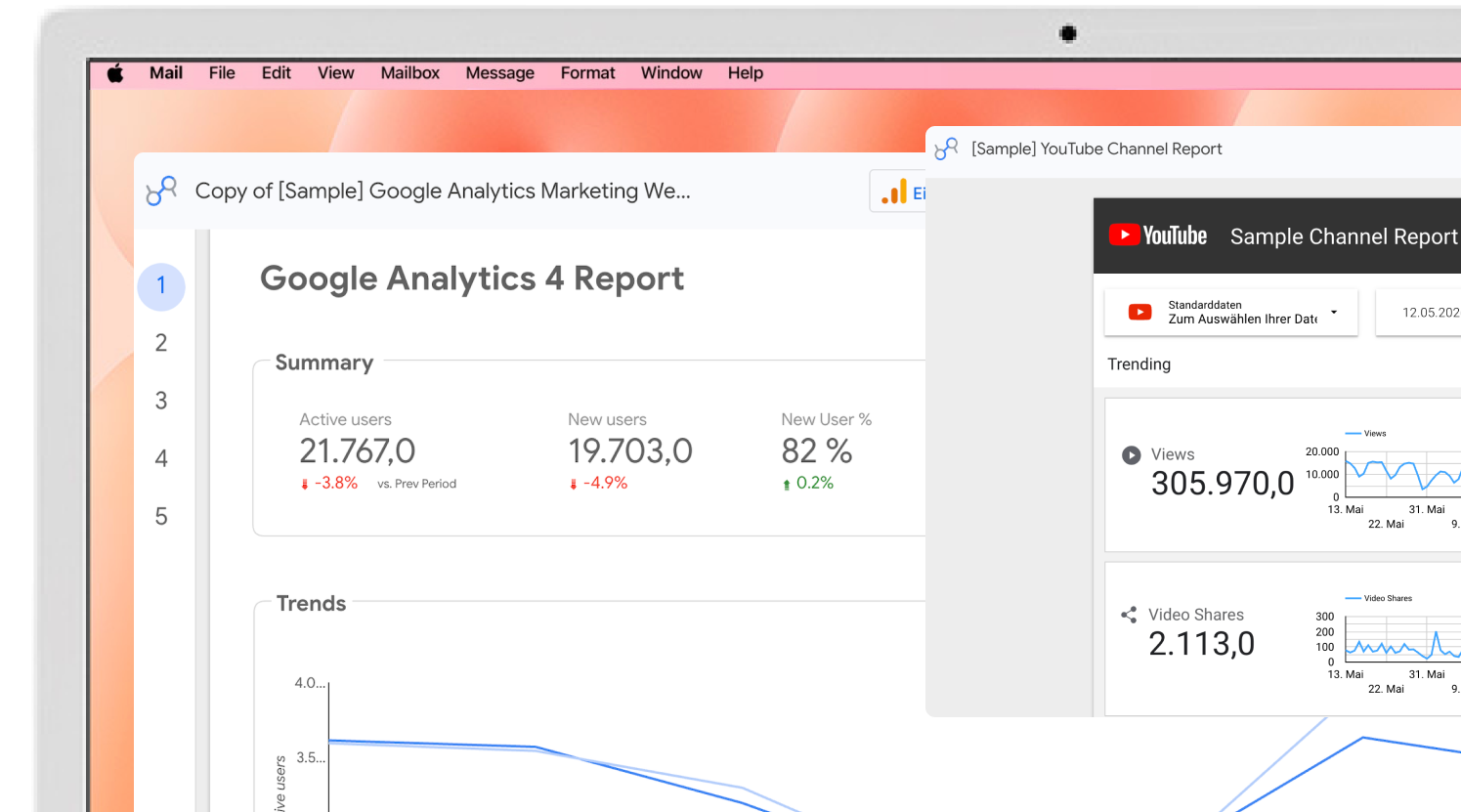 Screenshot eines Computers mit geöffnetem Google Analytics und YouTube Kanalbericht.