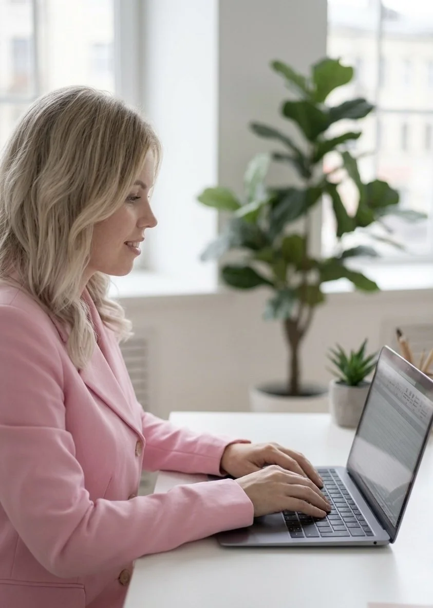 Eine Frau arbeitet an einem Laptop in einem hellen Büro, im Hintergrund Pflanzen und Fenster.