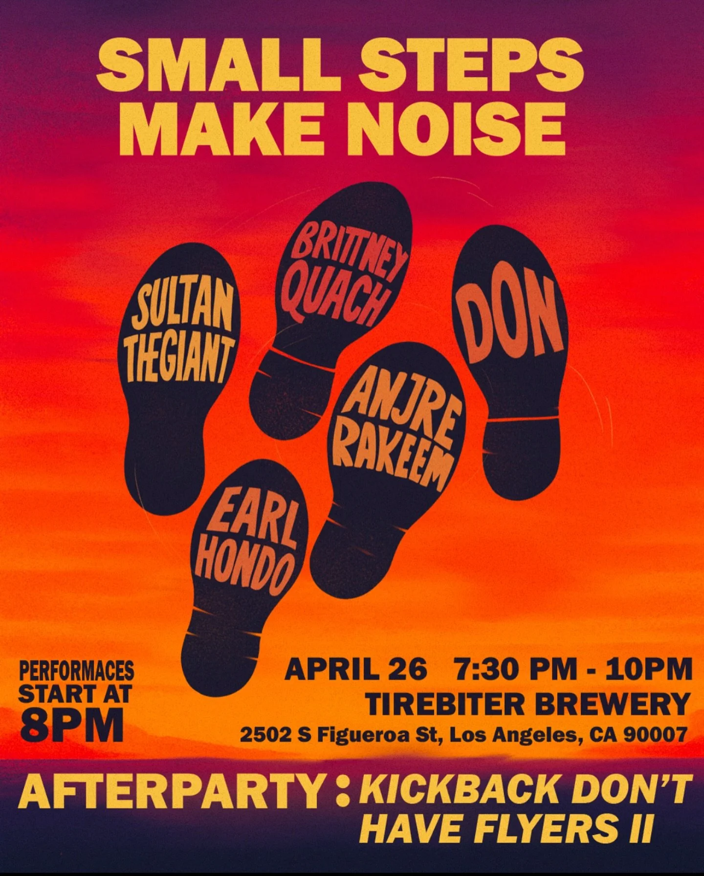 April 26, 2025
@smallstepsmakenoise presents: Small Steps Make Noise 2
at @tirebiterbrewery 

&amp; Kickbacks Don&rsquo;t Have Flyers II 
@no.heir 

#DJ #lalifestyle #nightlife #fashion #HeirArchive #Concert #Kickback #PTSO #kickbacksdonthaveflyers #