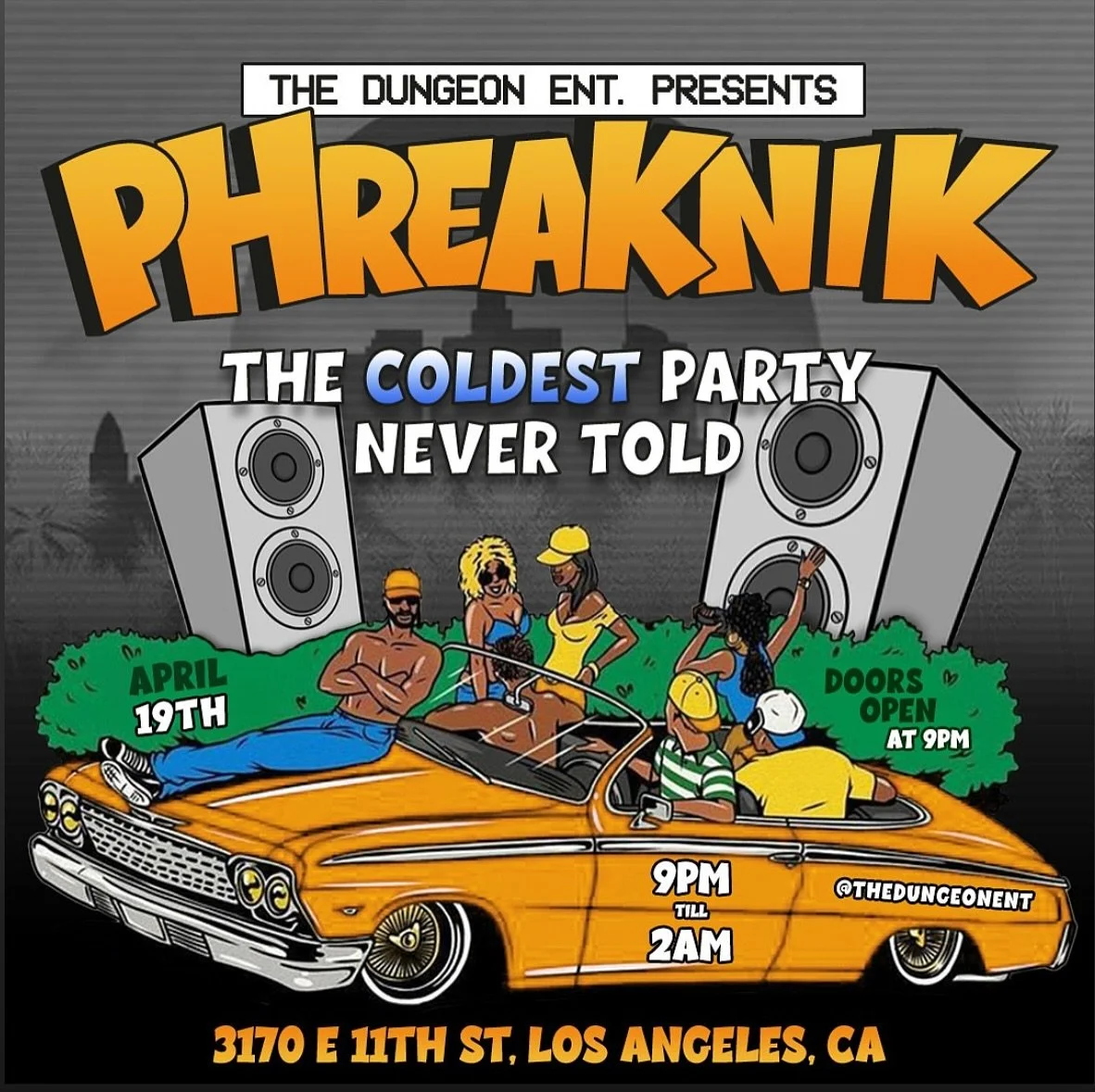 April 19, 2025
The Dungeon Ent. presents Phreaknik

#DJ #lalifestyle #nightlife #HeirArchive #USC #CSULA #OccidentalCollege #divine9 #nphc #alphaphialpha #firstwest #freaknik #freaknik2025 #phreaknik #2025 

@prin2e__