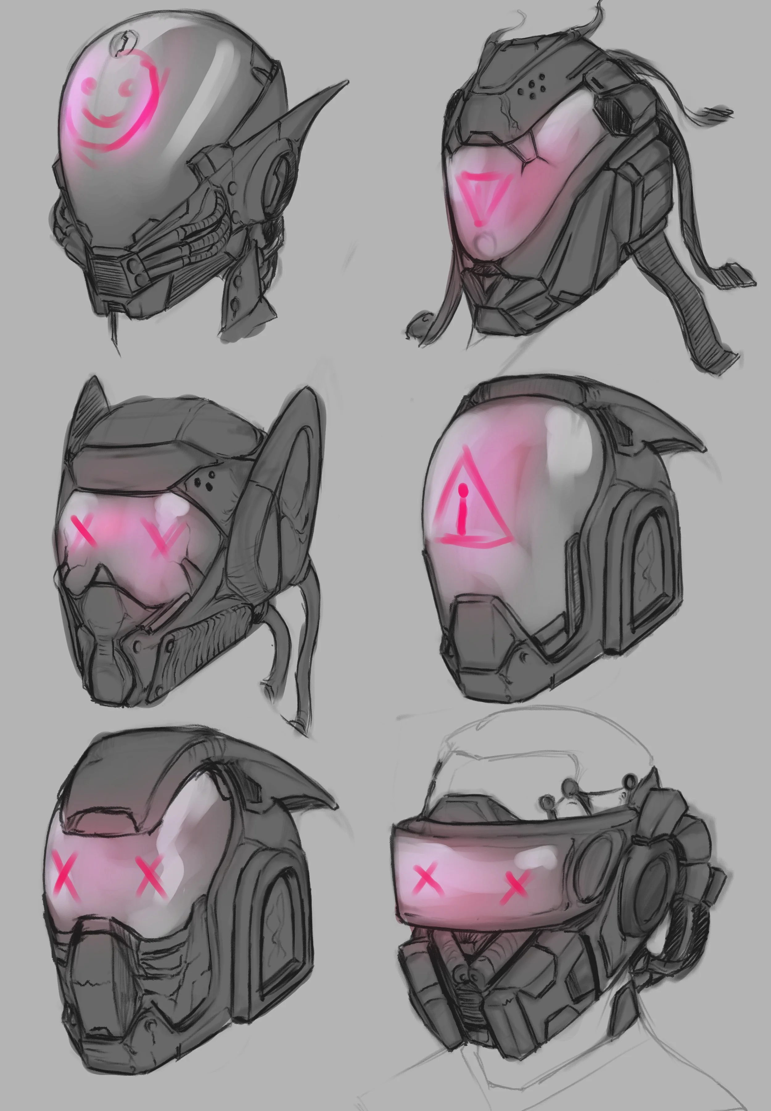 Concept sketches of futuristic helmets and robotic heads with pink illuminated symbols and expressions.
