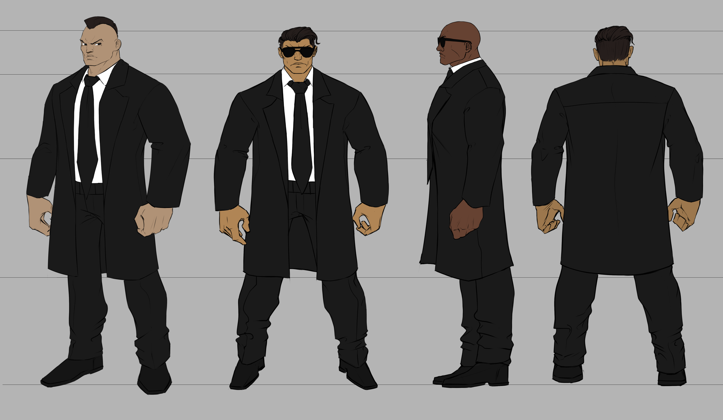 Four men in black suits and sunglasses standing against a gray height chart background, shown from various angles.