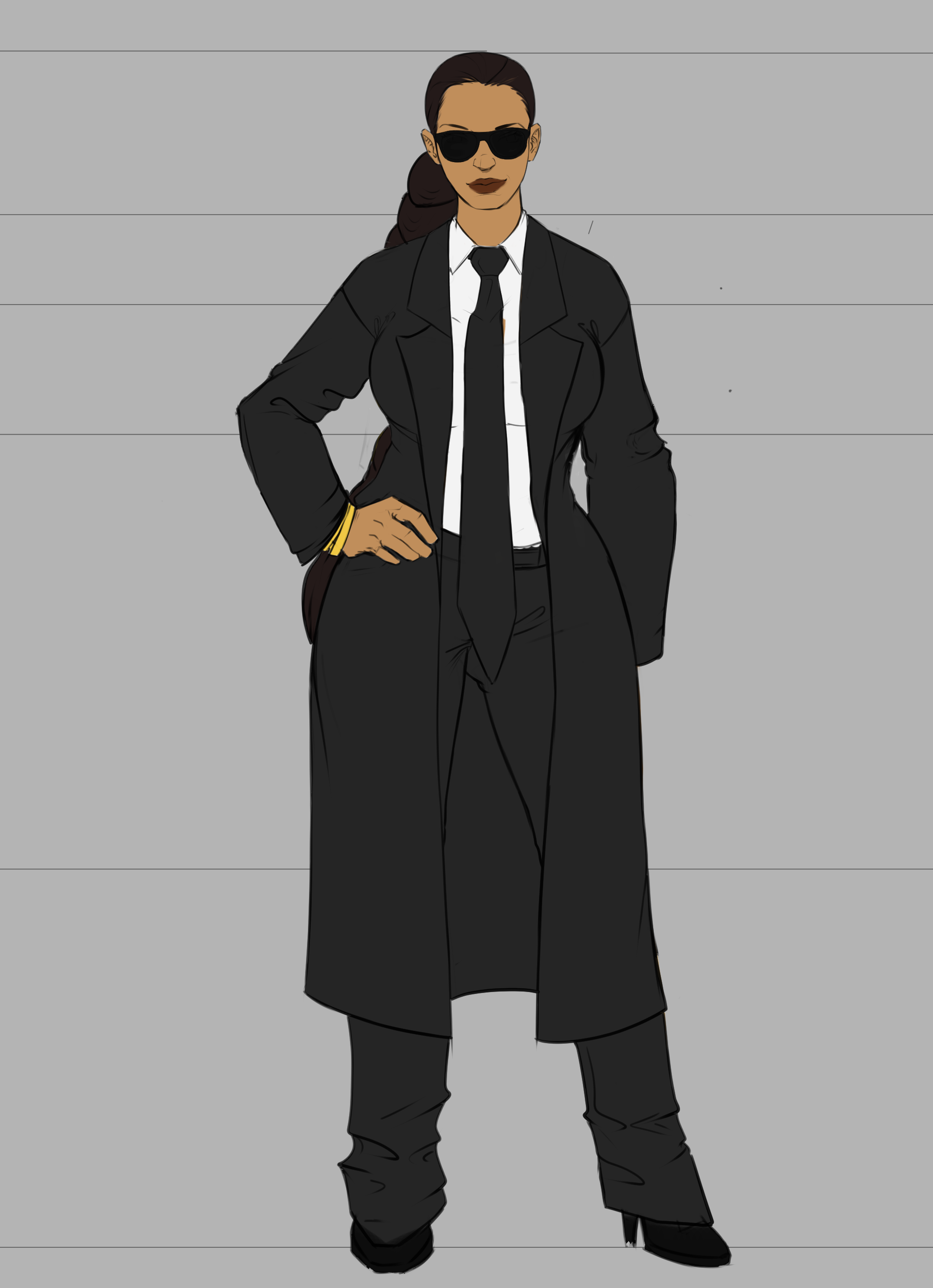 Drawing of a woman in a black suit, sunglasses, with her hair in a ponytail, standing against a gray background.