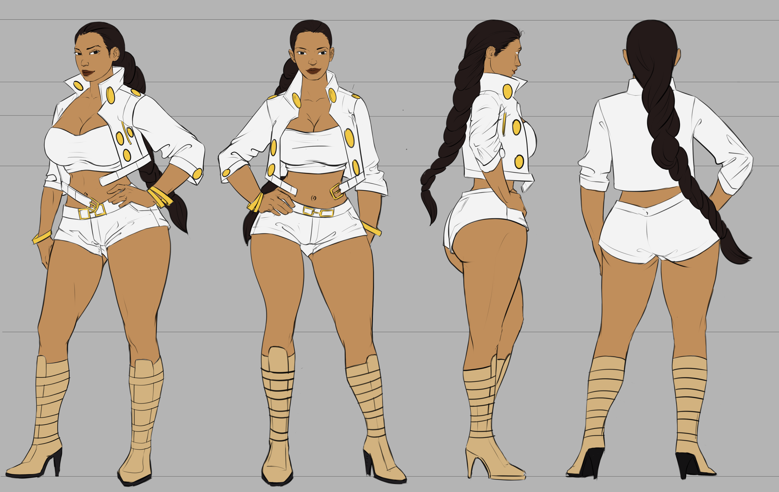 A digital illustration of a woman with light brown skin and long dark hair styled in a braid, shown in four poses against a gray background. She is wearing a white cropped jacket with gold buttons, white shorts, and beige high-heeled boots.