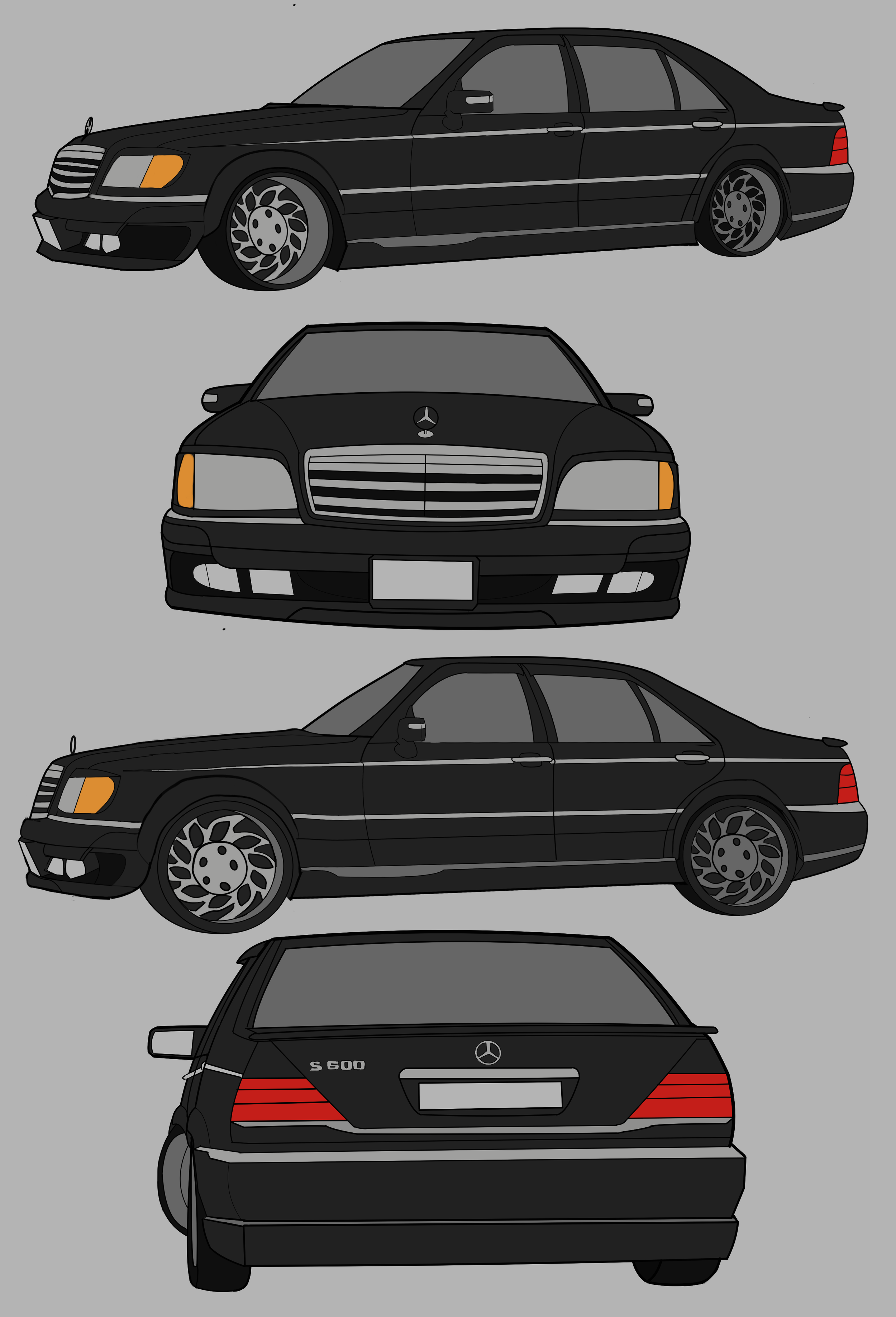 Illustration of a black Mercedes-Benz S-Class sedan viewed from different angles, including front, side, and rear views, set against a gray background.