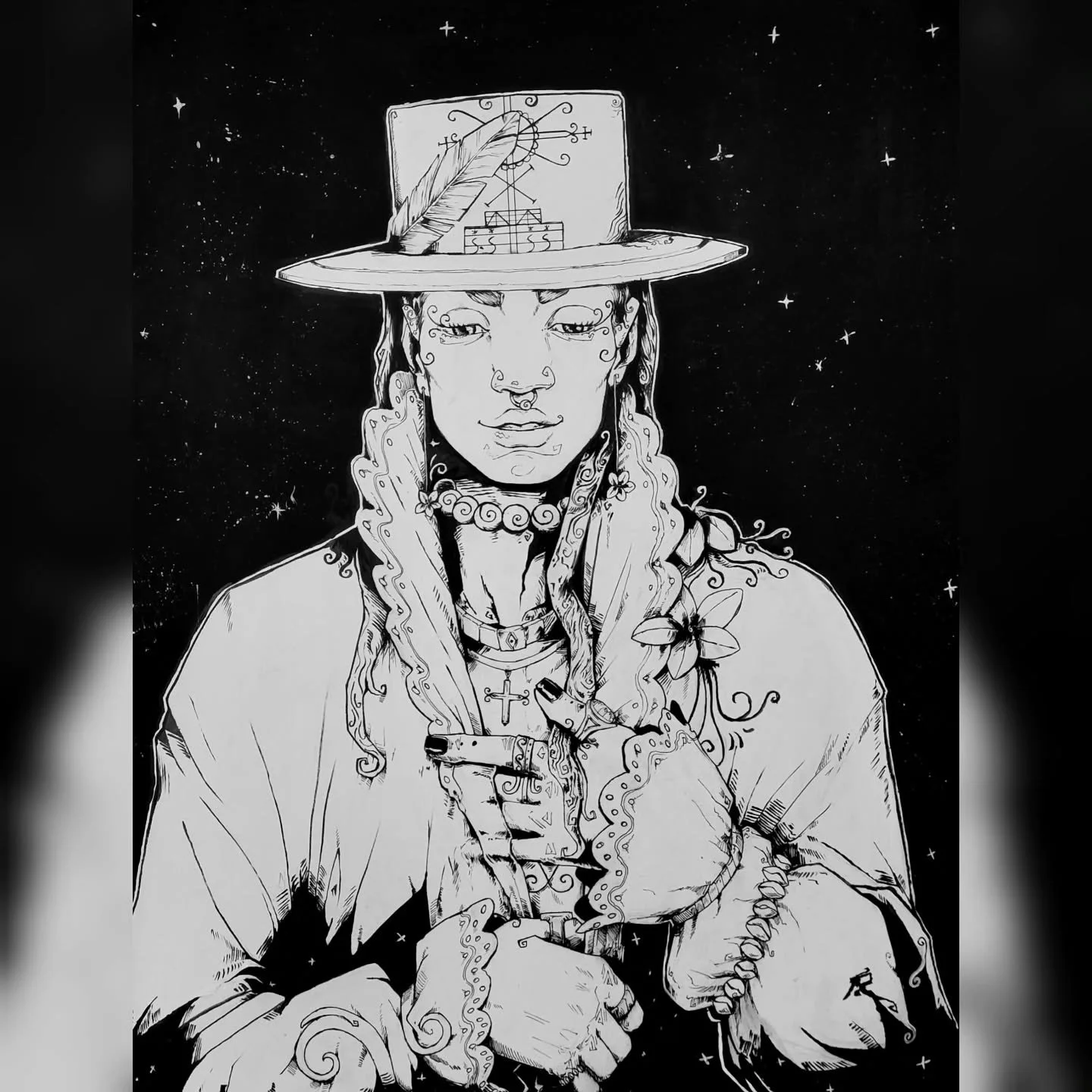 Prince Gede Nibo 22"X28" mixed media painting

Gede Nibo stands at the crossroads of gender, spirit, and rebellion in Haitian Vodou. Following the path opened by Legba, Nibo emerges as a bold, boundary-breaking force&mdash;guardian of those