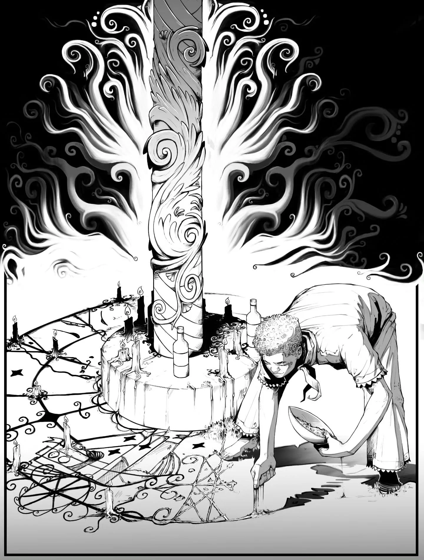 Potomitan 

The poto-mitan is the center post that supports all peristyles (Vodou temples) and serves as the means through which the loas arrive at the ceremony. 

The poto-mitan, charged with cosmic vibrations, often has a phallic attribute&mdash;a 