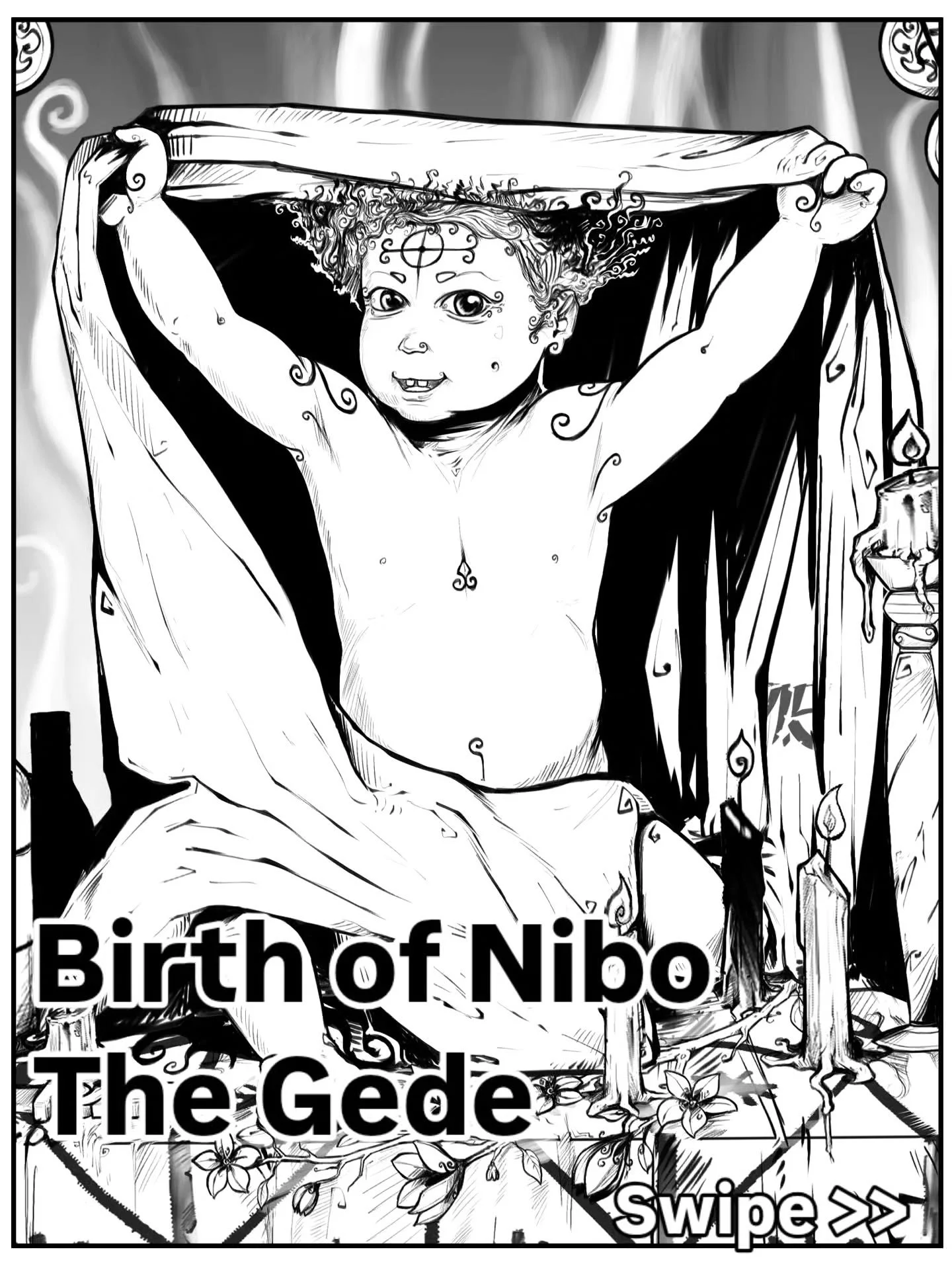 The story behind Gede Nibo's birth illustrated 

One day, Ogou Badagri, father of the Ogou family, was going to visit his wife, the beautiful Freda. He was in a hurry, walking to get his horse, when all of a sudden he felt his foot smash against some