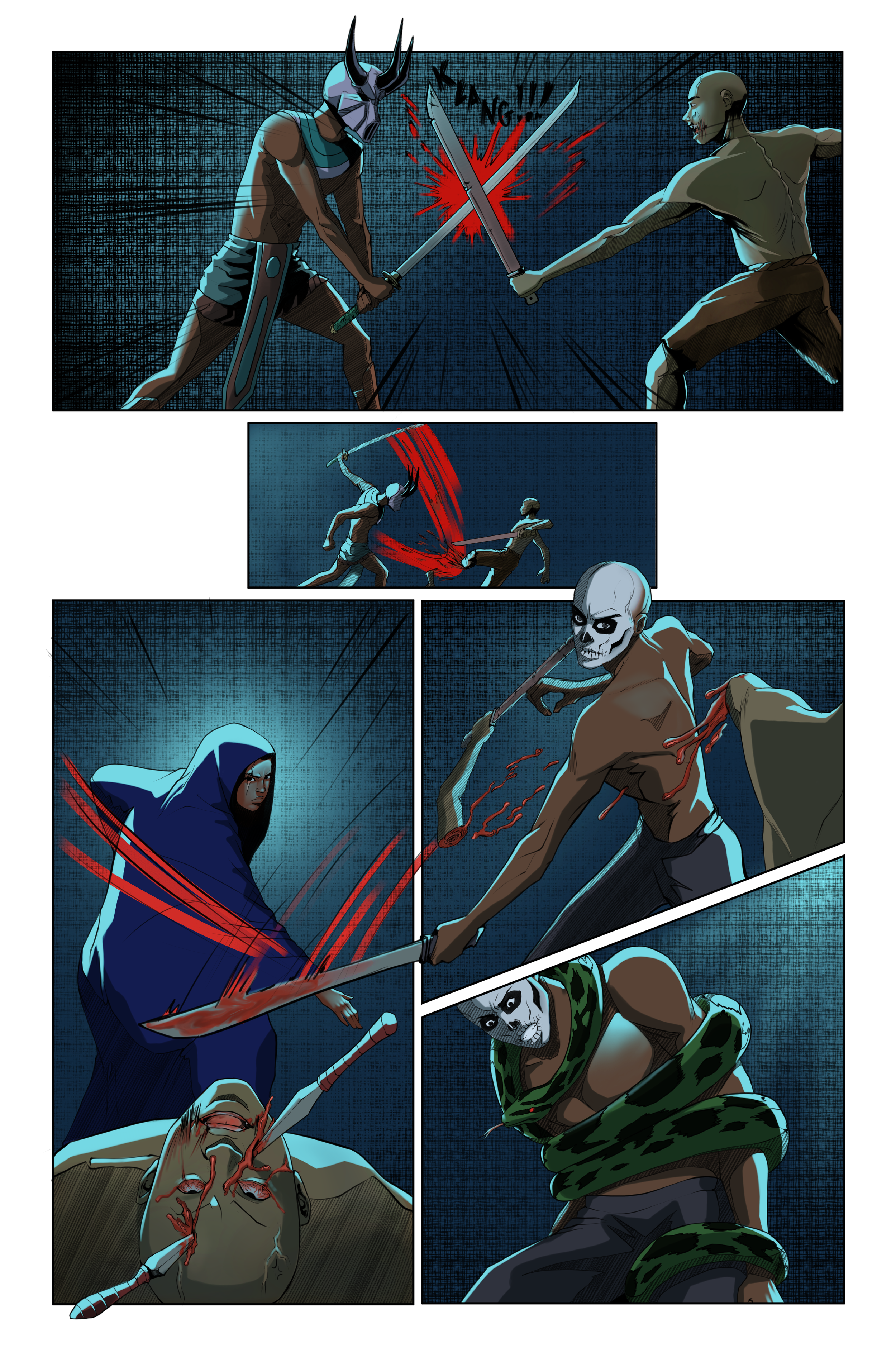 Comic-style illustration of a battle between humanoid warriors, some with supernatural or mythical traits, fighting with swords. Blood and intense motion lines depict the violence.