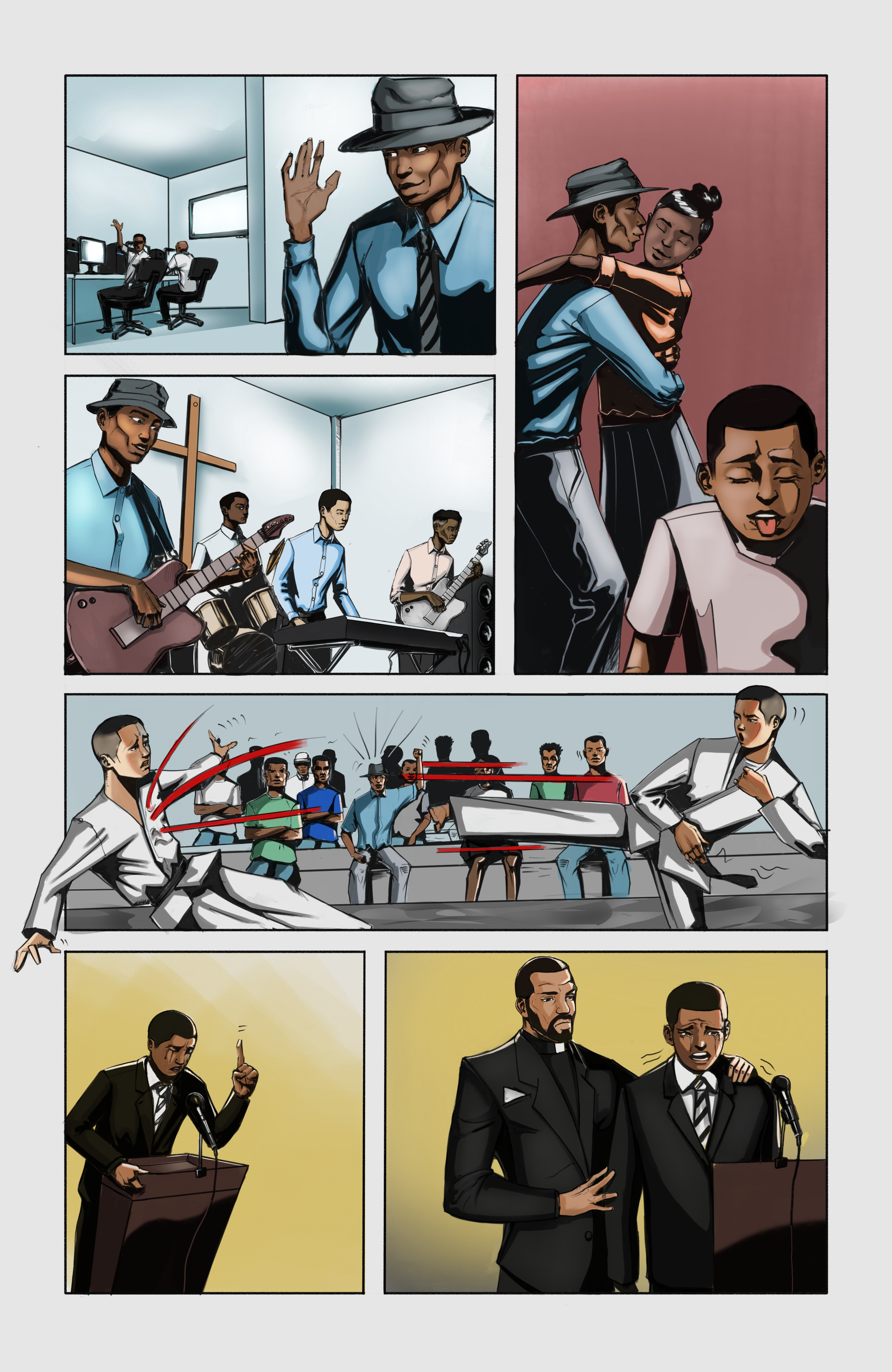 A comic strip depicting scenes of community, music, protest, and speech. The first panel shows a man saying goodbye. The second panel features a couple embracing. The third panel displays a band performing with guitars and drums. The fourth panel sho