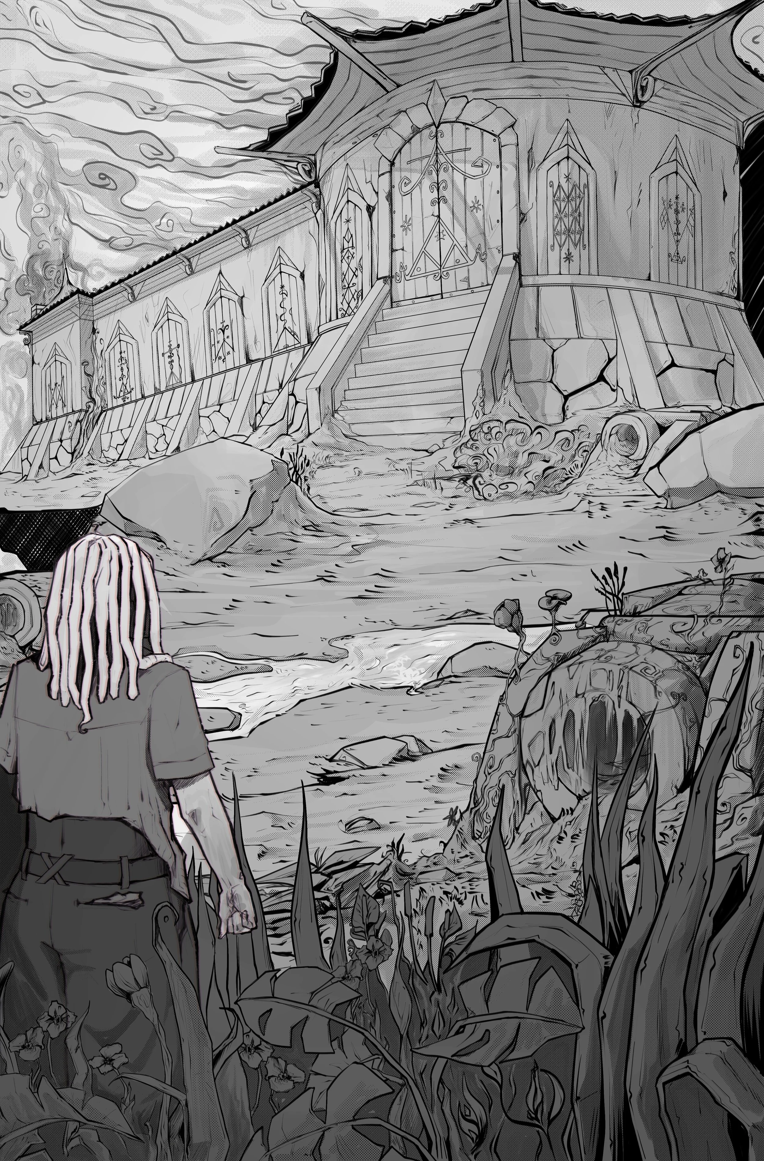 Ayiwe, gazing at the ogou family stronghold, surrounded by rocks, plants, and in a gloomy landscape.