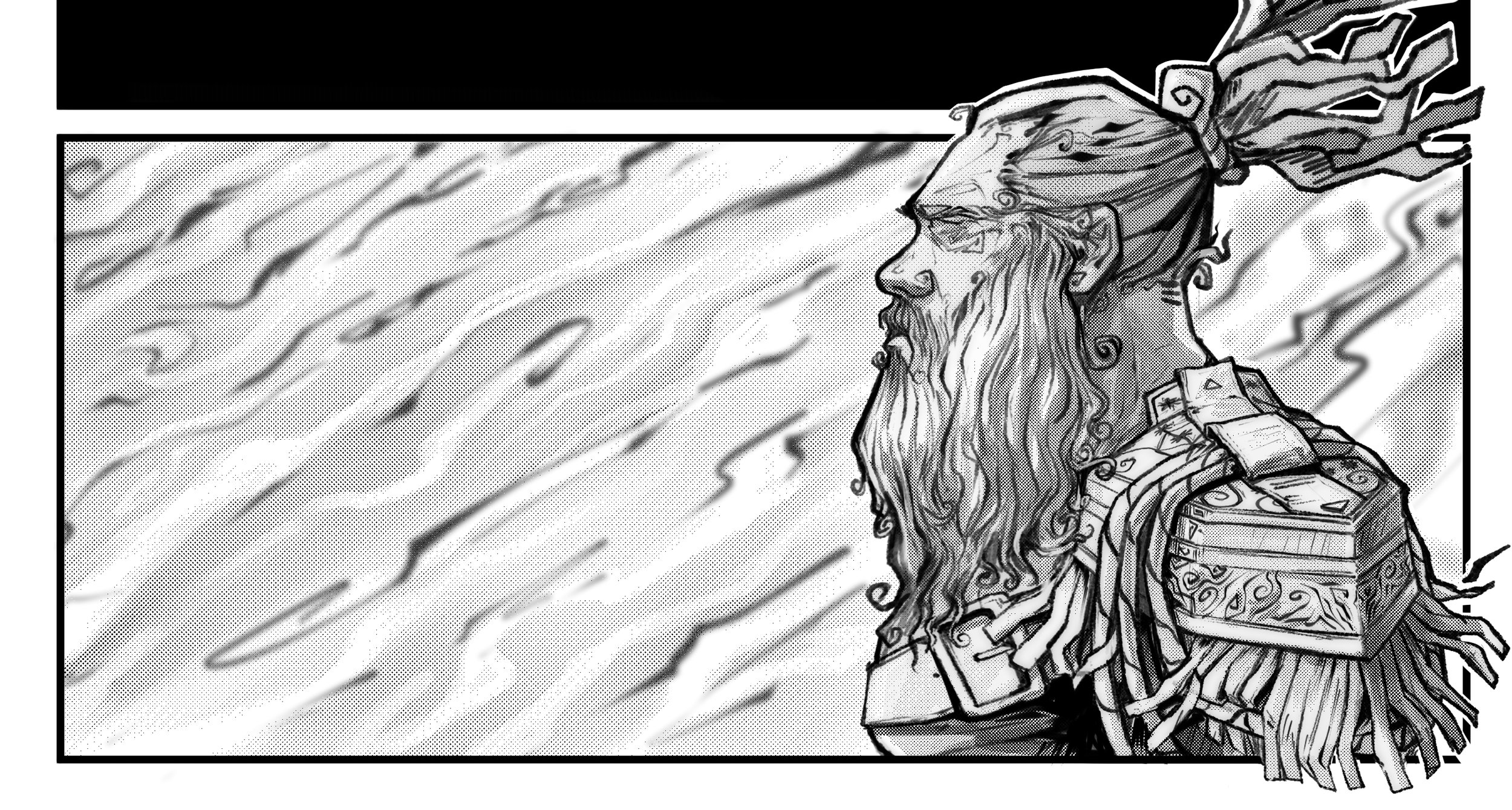 A sketch of Ogou, looking into the distance with stormy clouds in the background.