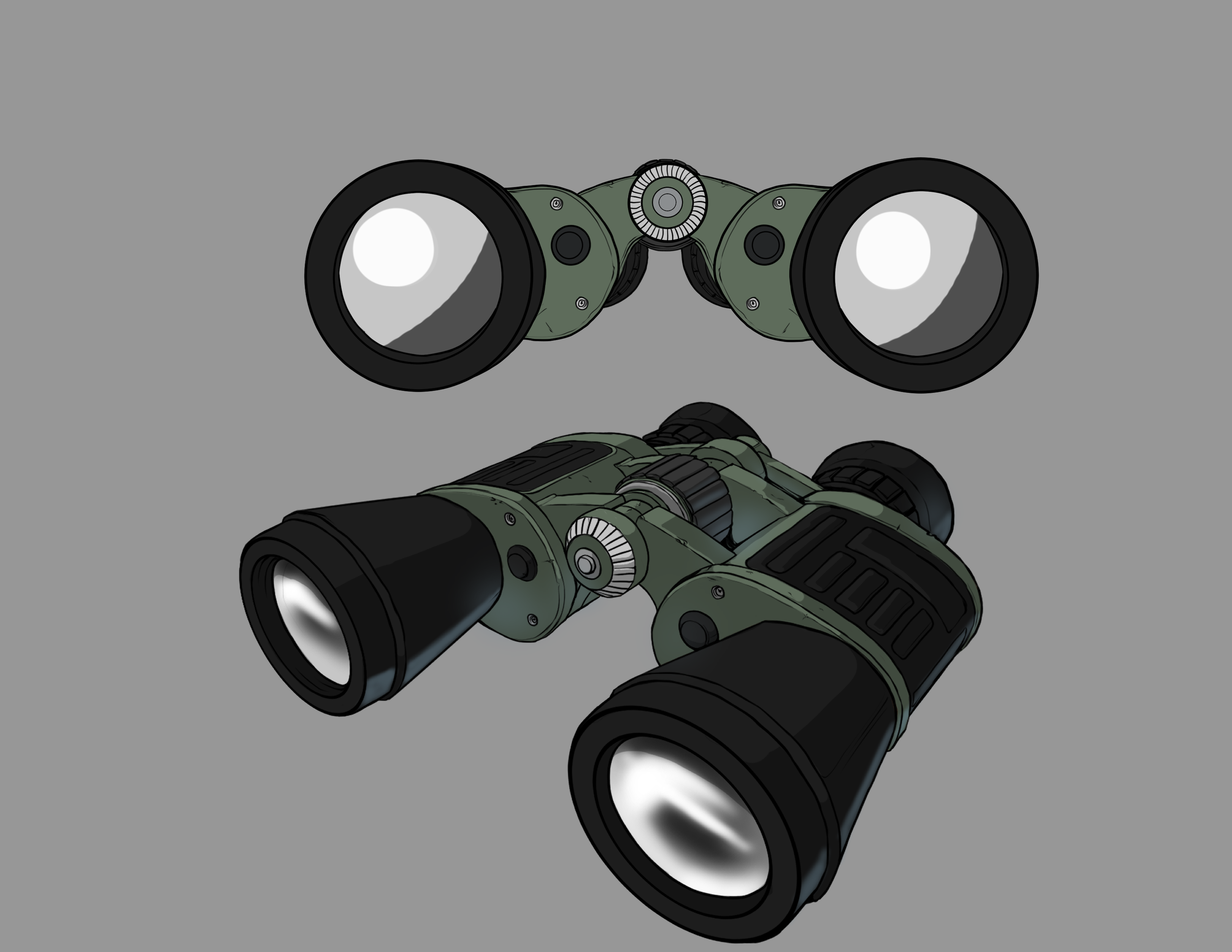 Digital illustration of a pair of binoculars viewed from above and below, with a gray background.
