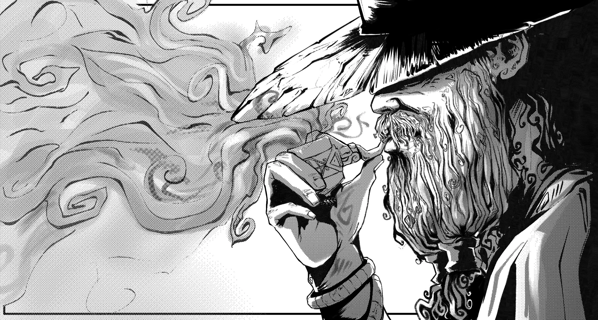 Legba, smoking his pipe, with smoke swirling around him.