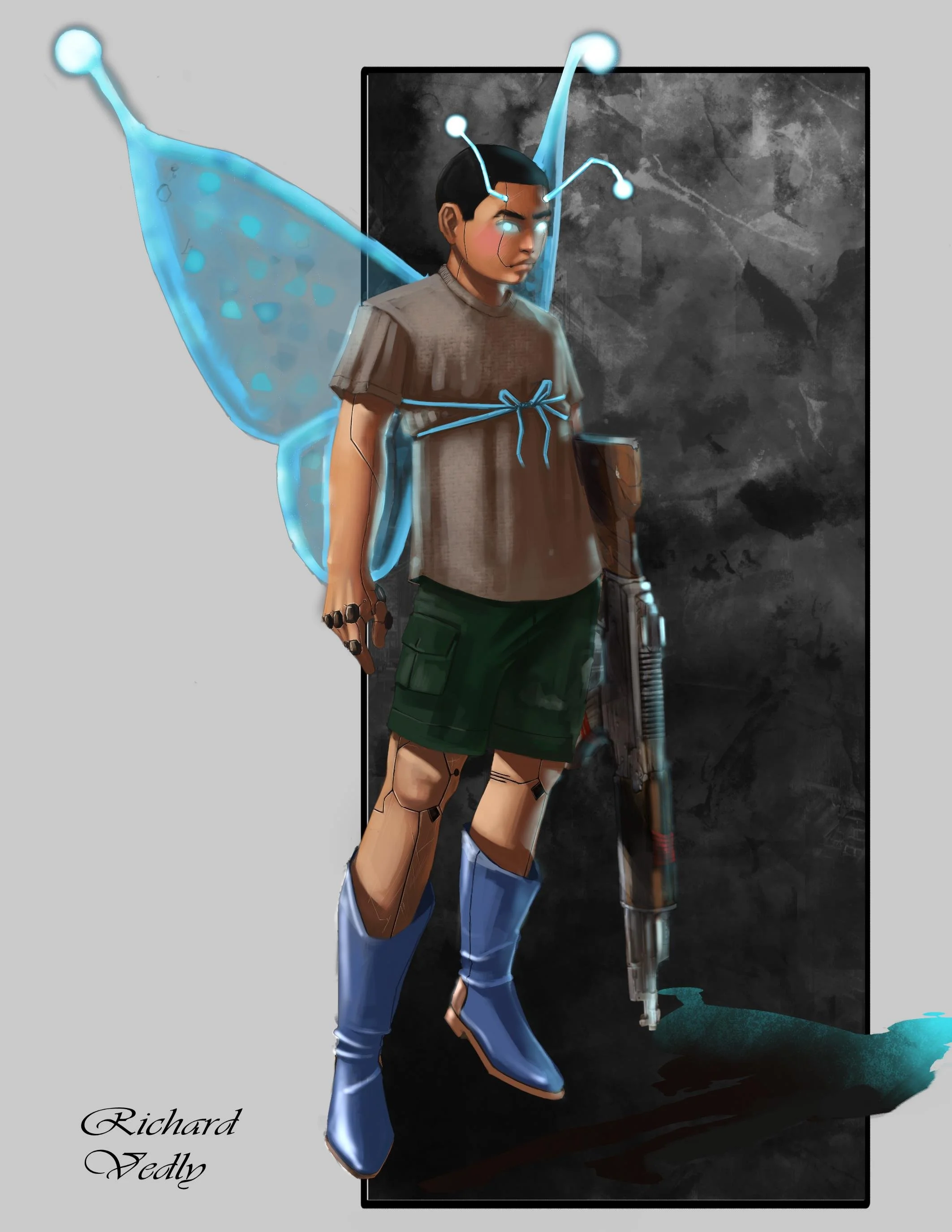 Digital artwork of a person with fairy wings, blue glowing antennae, and holding a gun, standing against a dark background with a gray border and the artist's signature in the lower left corner.