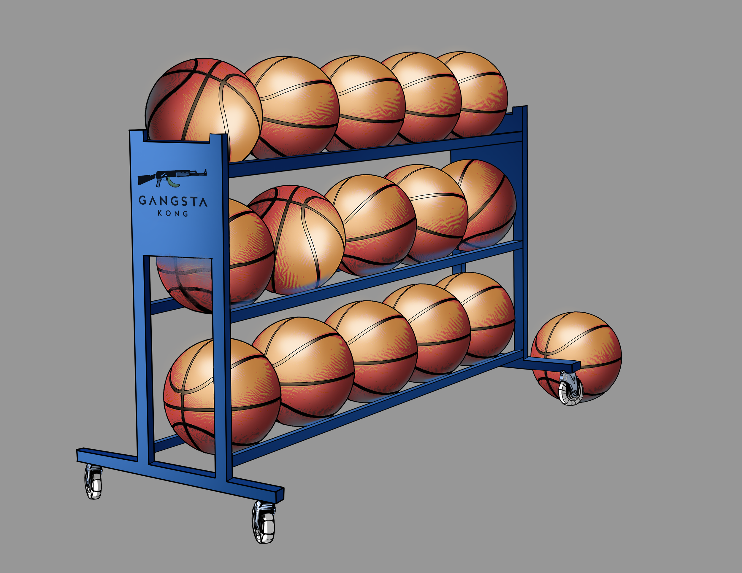 A blue rolling cart with three shelves holding multiple basketballs, with one basketball on the ground next to the cart. The cart has a logo of a gun and the text 'GANGSTA KONG' on the side.