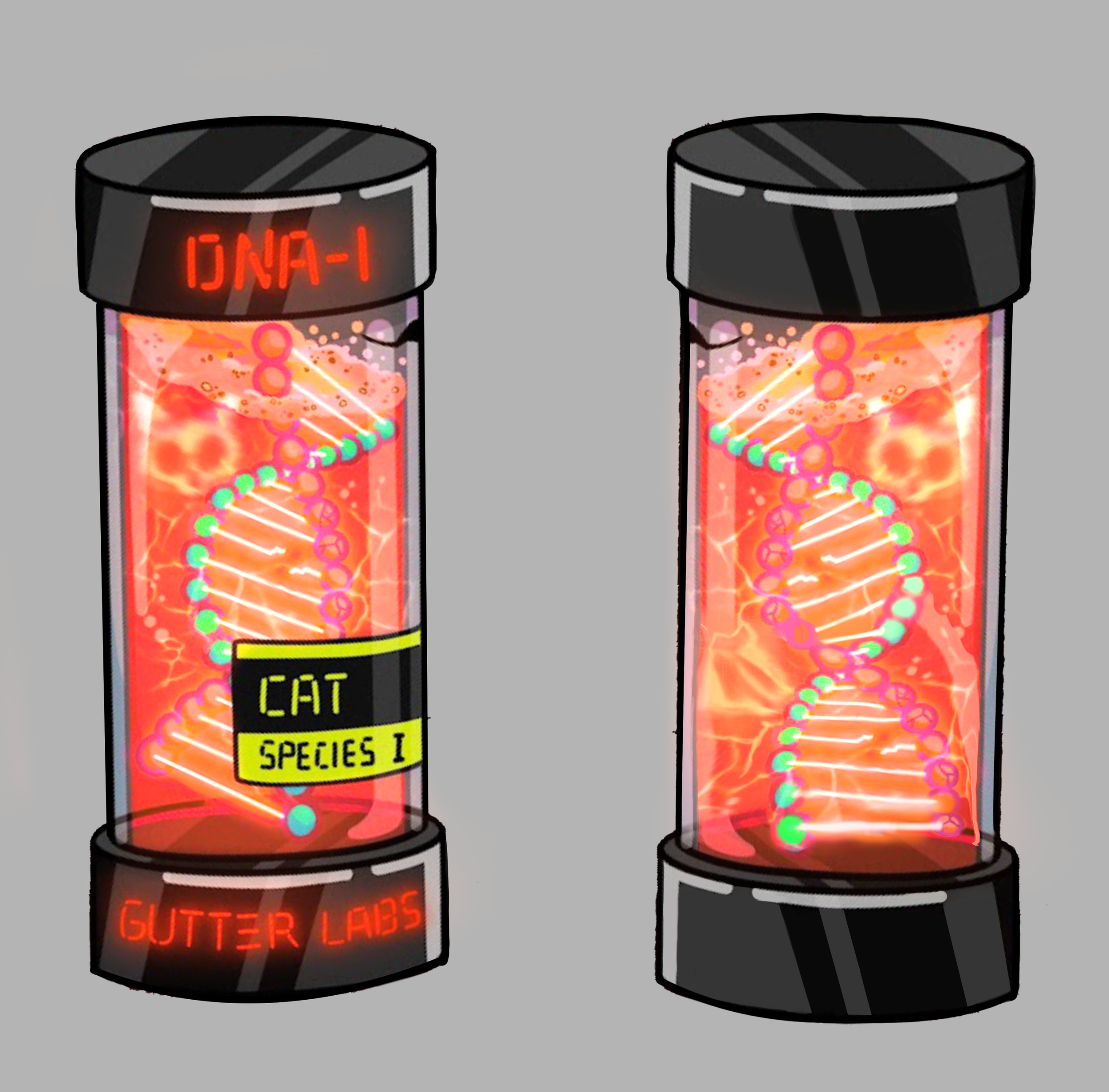Illustration of two futuristic glass cylinders containing glowing DNA strands, labeled with 'GUTTER LABS' and 'DNA-1,' with one label 'CAT' and 'SPECIES 1.'