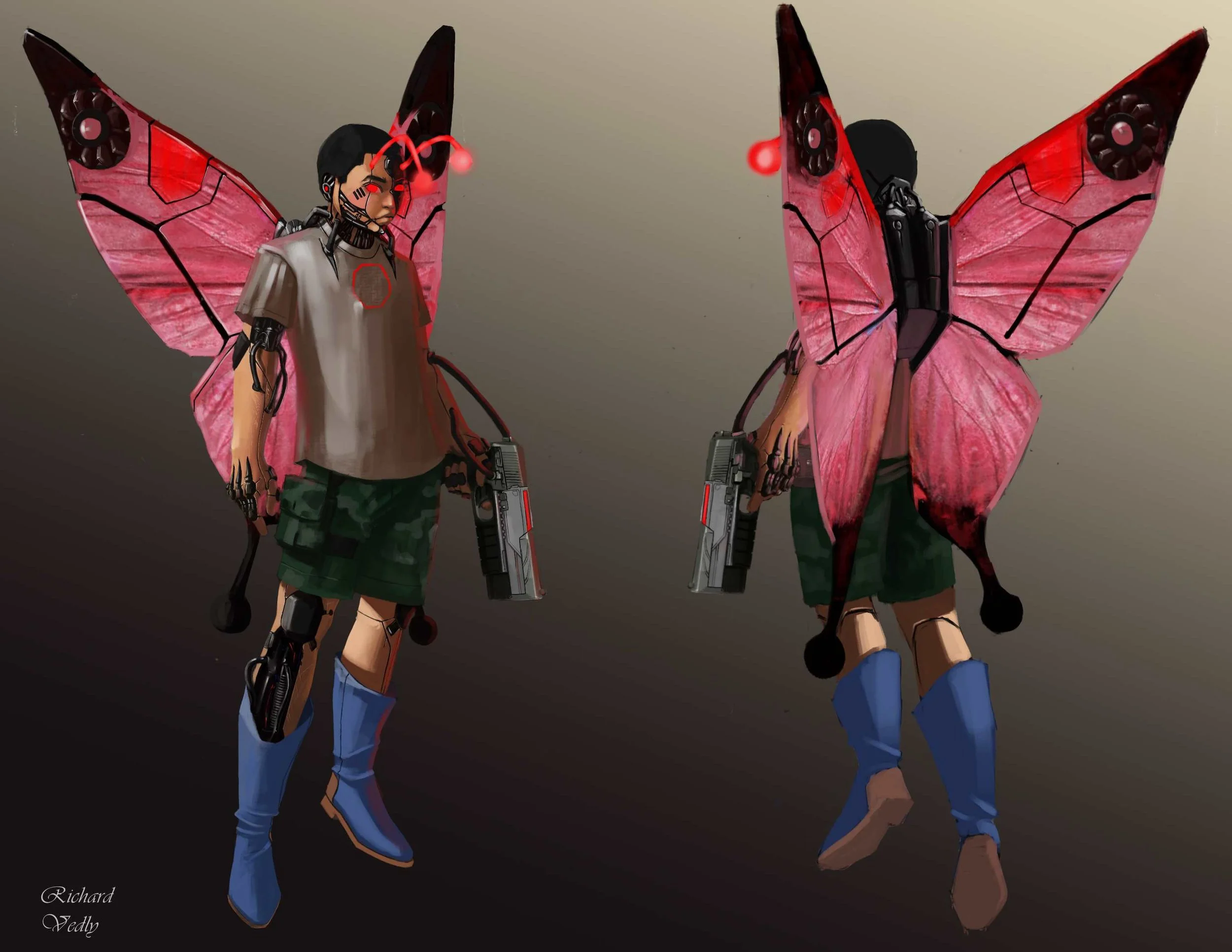 A person with pink butterfly wings and futuristic technology, holding a gun, wearing a camouflage skirt, blue boots, and a beige shirt, standing against a dark background.