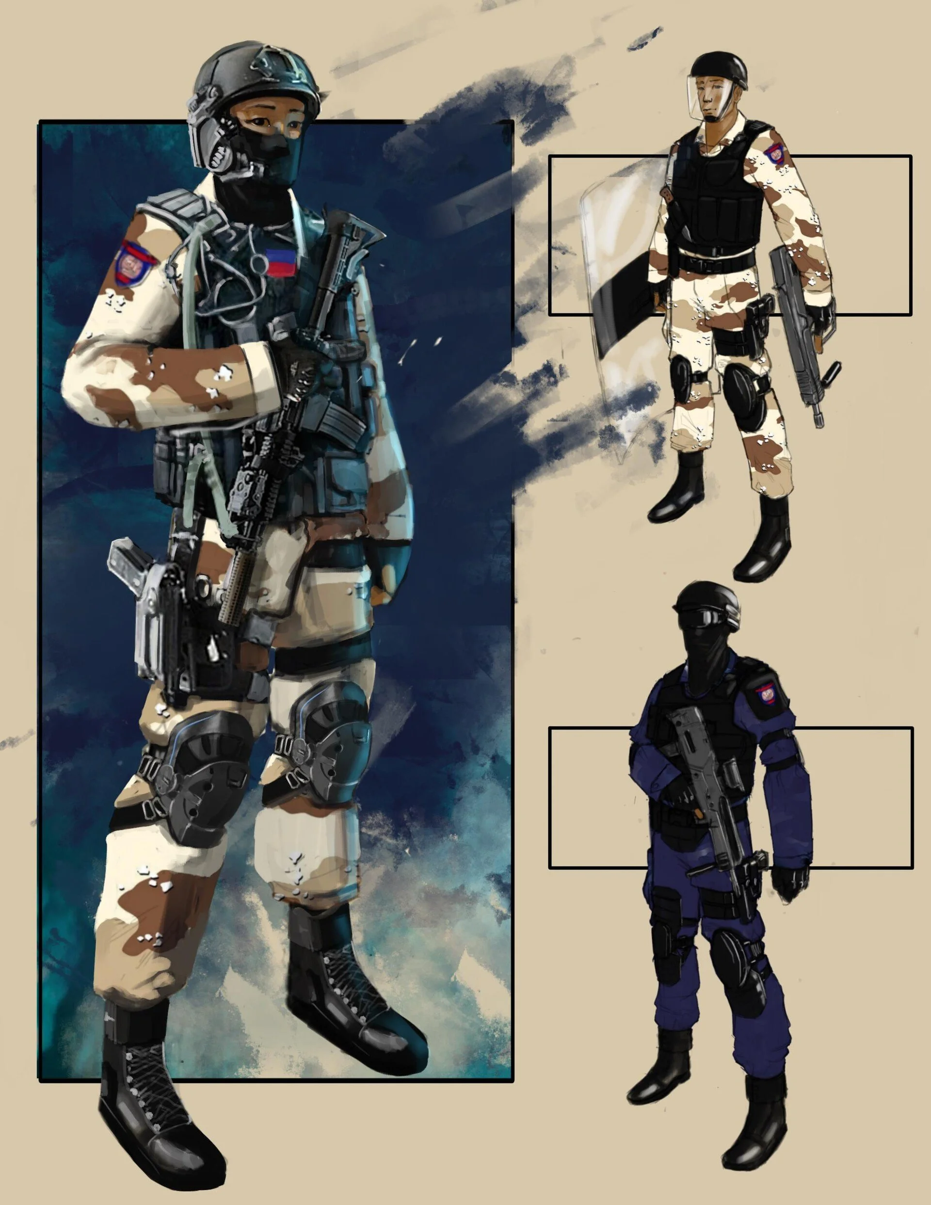 Illustration of three military personnel in tactical gear, each in different camouflage uniforms, holding rifles, with the largest figure on the left and two smaller figures on the right, one wearing desert camouflage and the other in dark blue camou