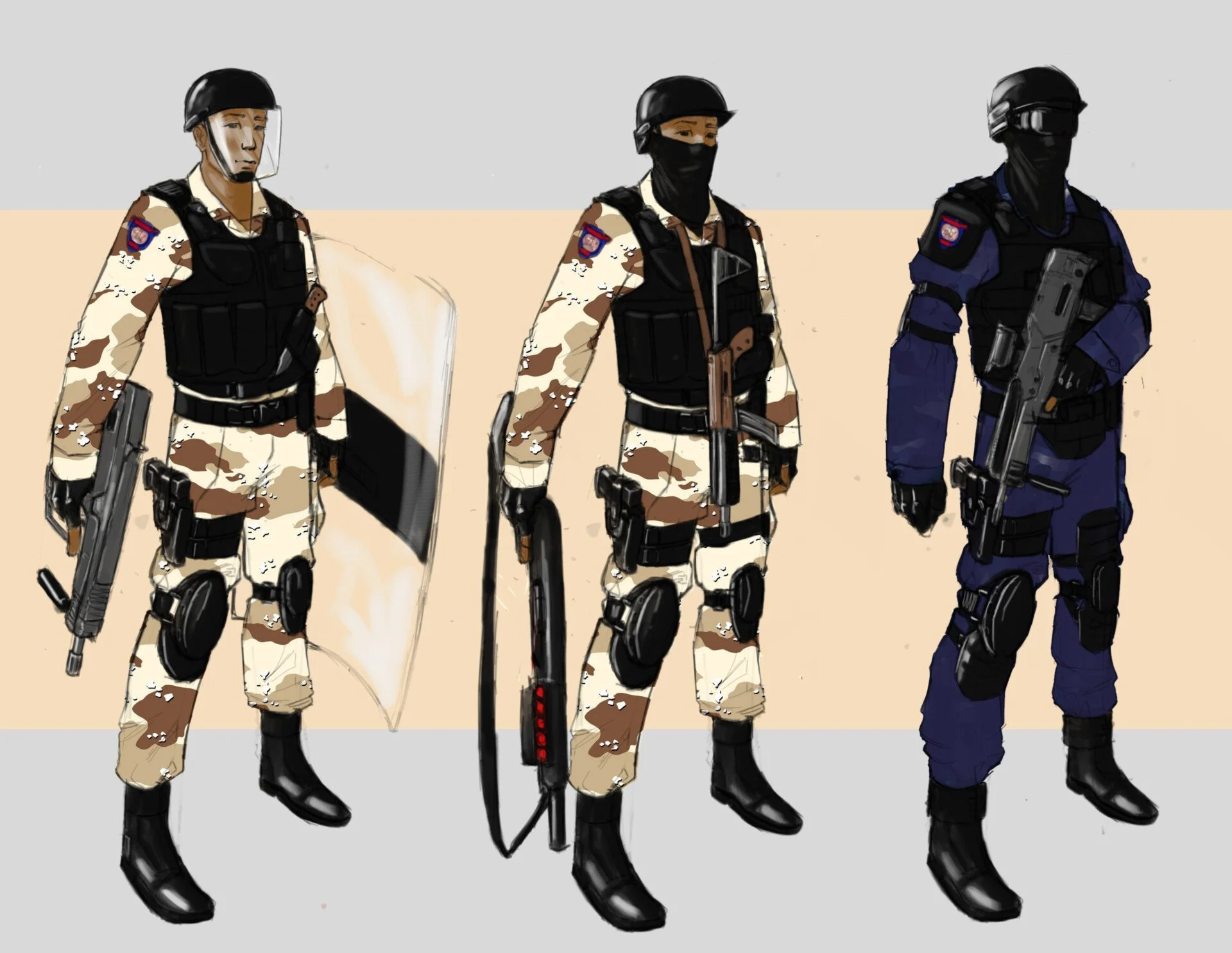 Illustration of three futuristic police officers dressed in tactical gear; two in desert camouflage uniforms with black vests and helmets, holding firearms, one in blue tactical uniform with black vest, helmet, and mask, also holding a firearm.