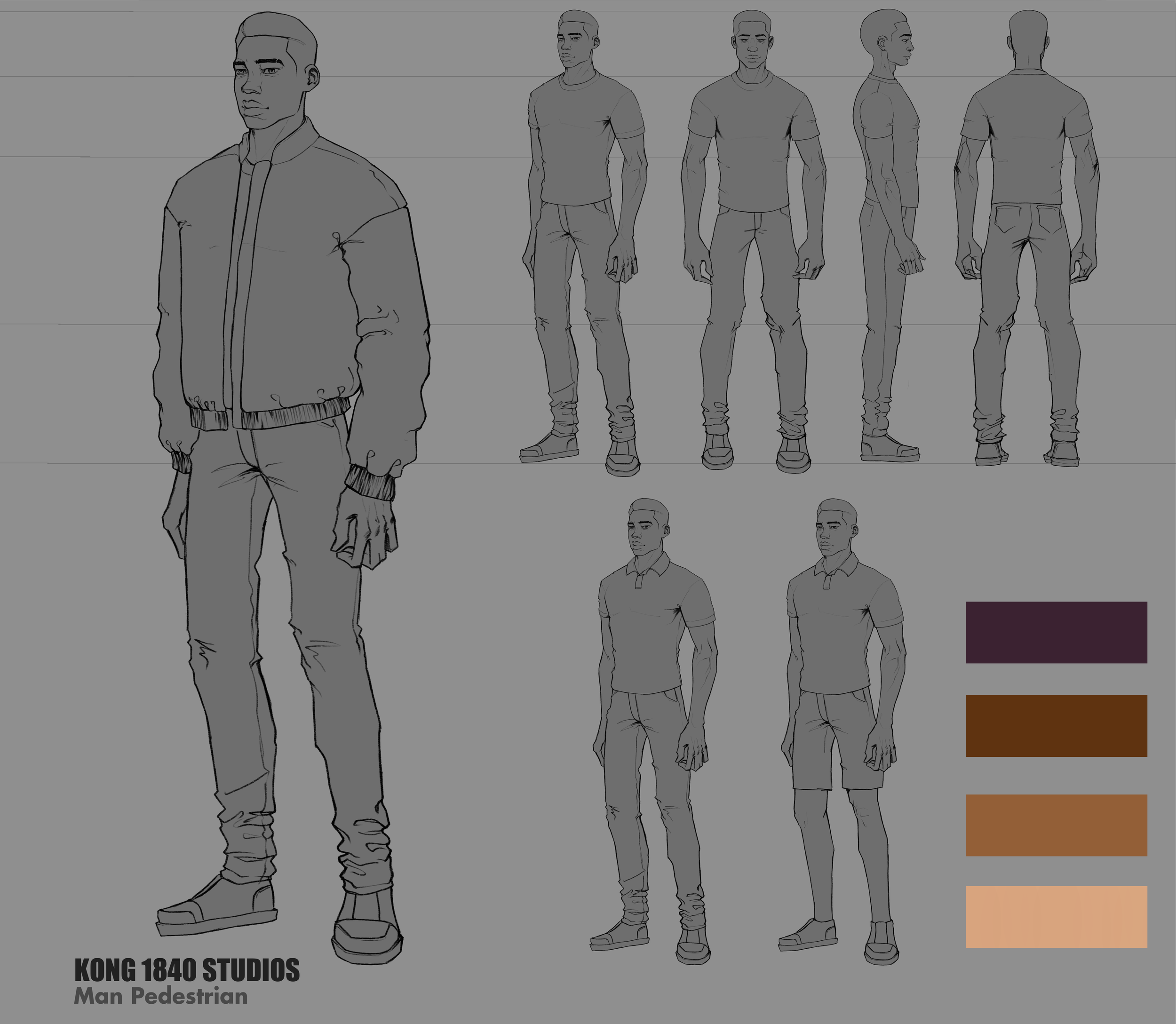 Character design sketch of a man pedestrian by KONG 1840 STUDIOS, showing front, side, and back views in various outfits and color swatches