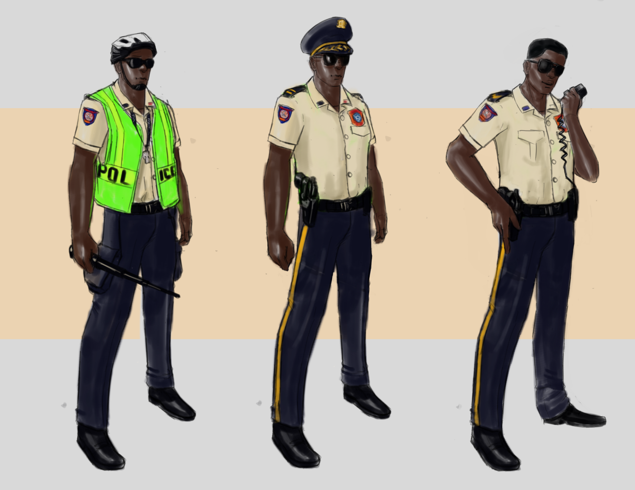 Illustration of three police officers in different uniforms. The first officer wears a helmet, sunglasses, and a bright yellow reflective vest with 'POLICE' written on it, holding a baton. The second officer wears a police cap, sunglasses, and a stan
