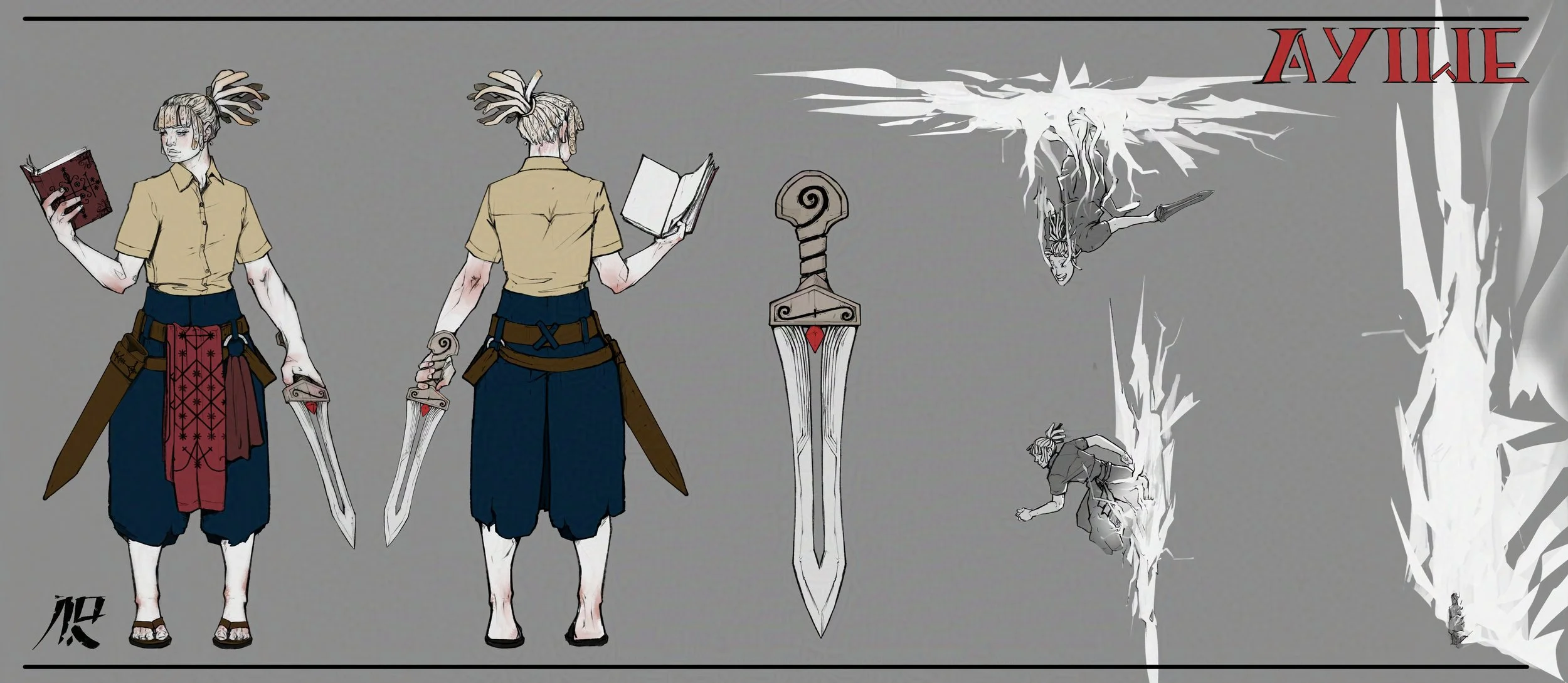 Character design sheet showing front and back views of a young warrior with long hair in dreadlocks, dressed in a beige shirt, blue pants, and sandals. The character holds a sword in one hand and a book in the other. An illustration of the sword, a f