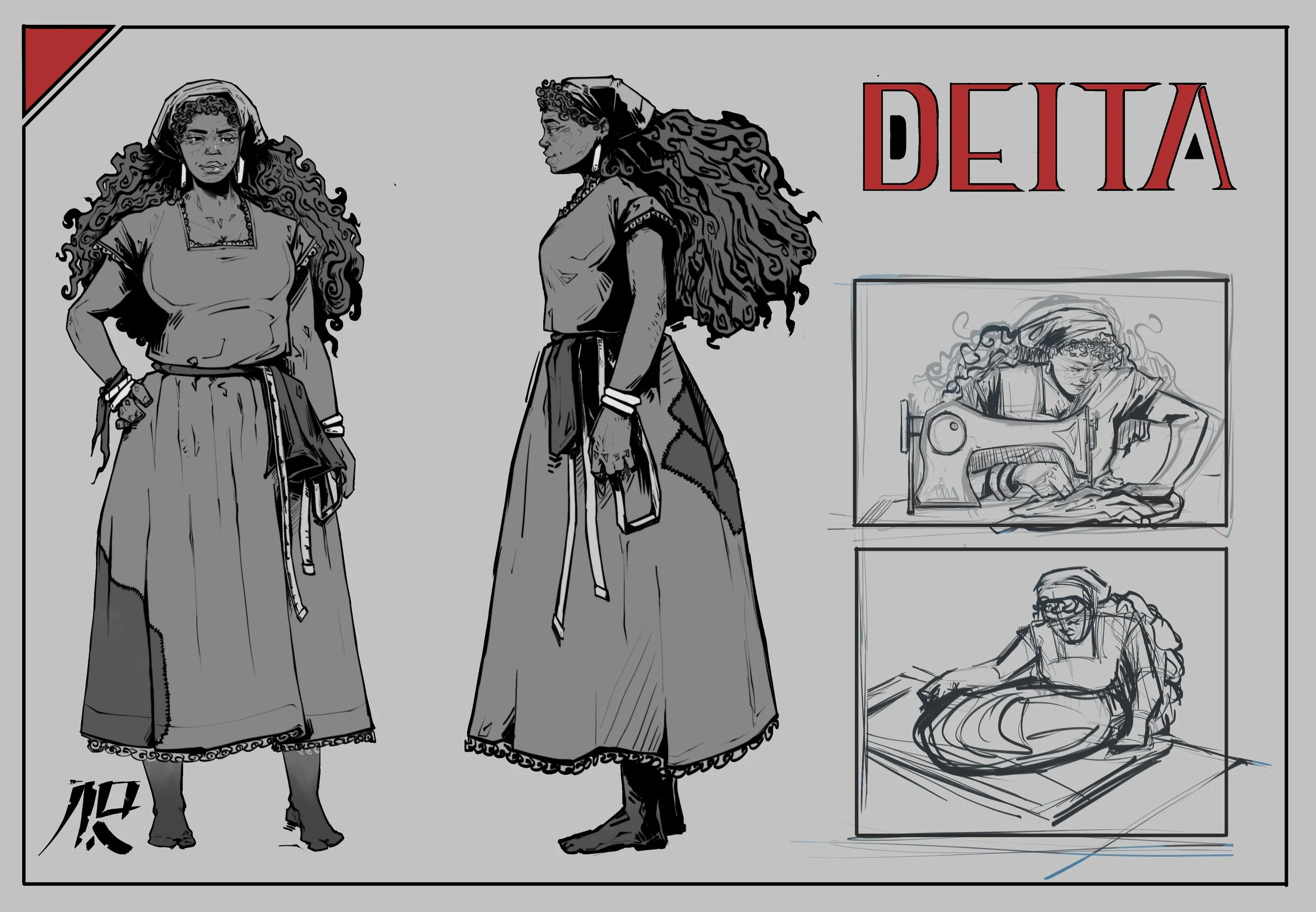 Design sketches of a woman named Delta, featuring full-body and side views, with two smaller sketches showing her working at a sewing machine and examining fabric.