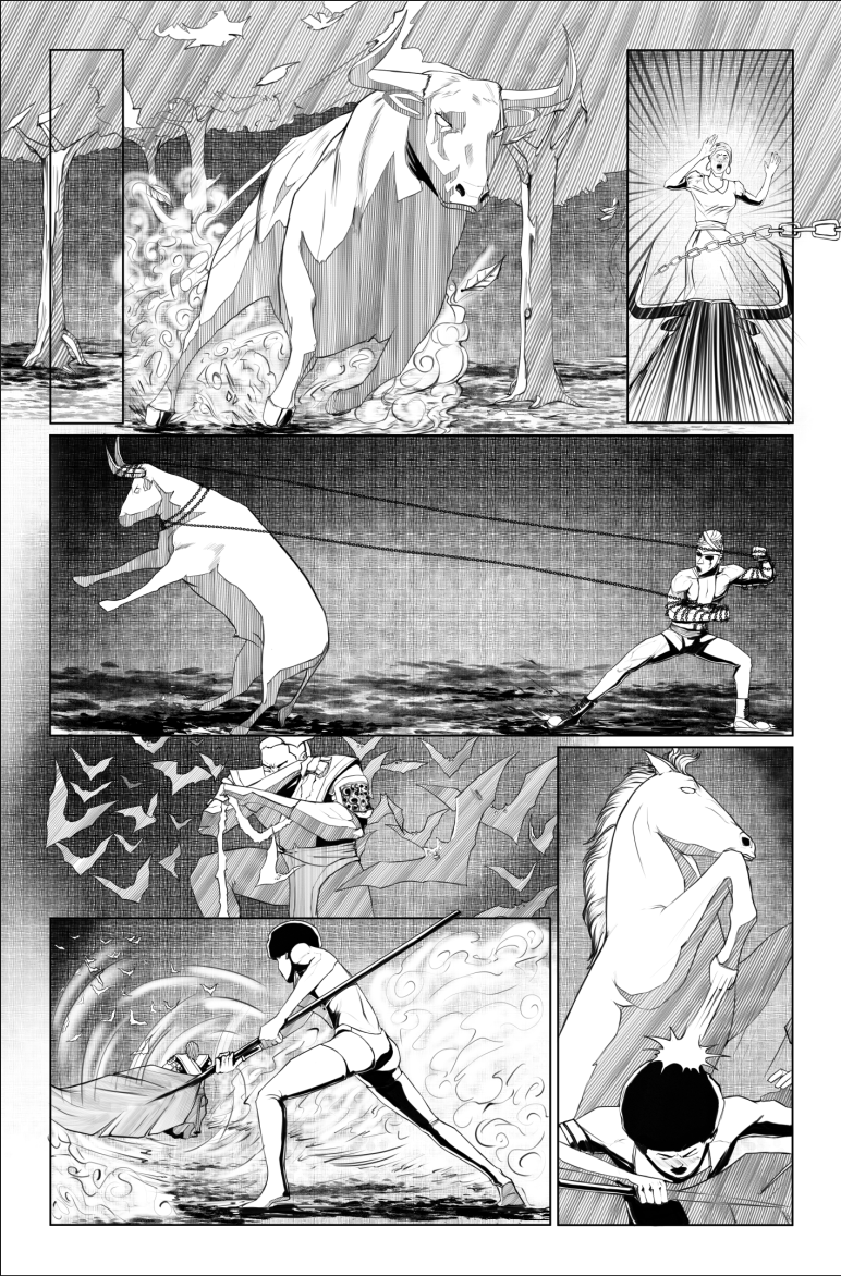 Comic-style drawing of a mythical battle involving a large ox with smoke and fire, a person controlling a horse, a fighter with a whip, a skeletal figure, and a warrior with a spear fighting a creature, set in a dramatic landscape with flying bats, i
