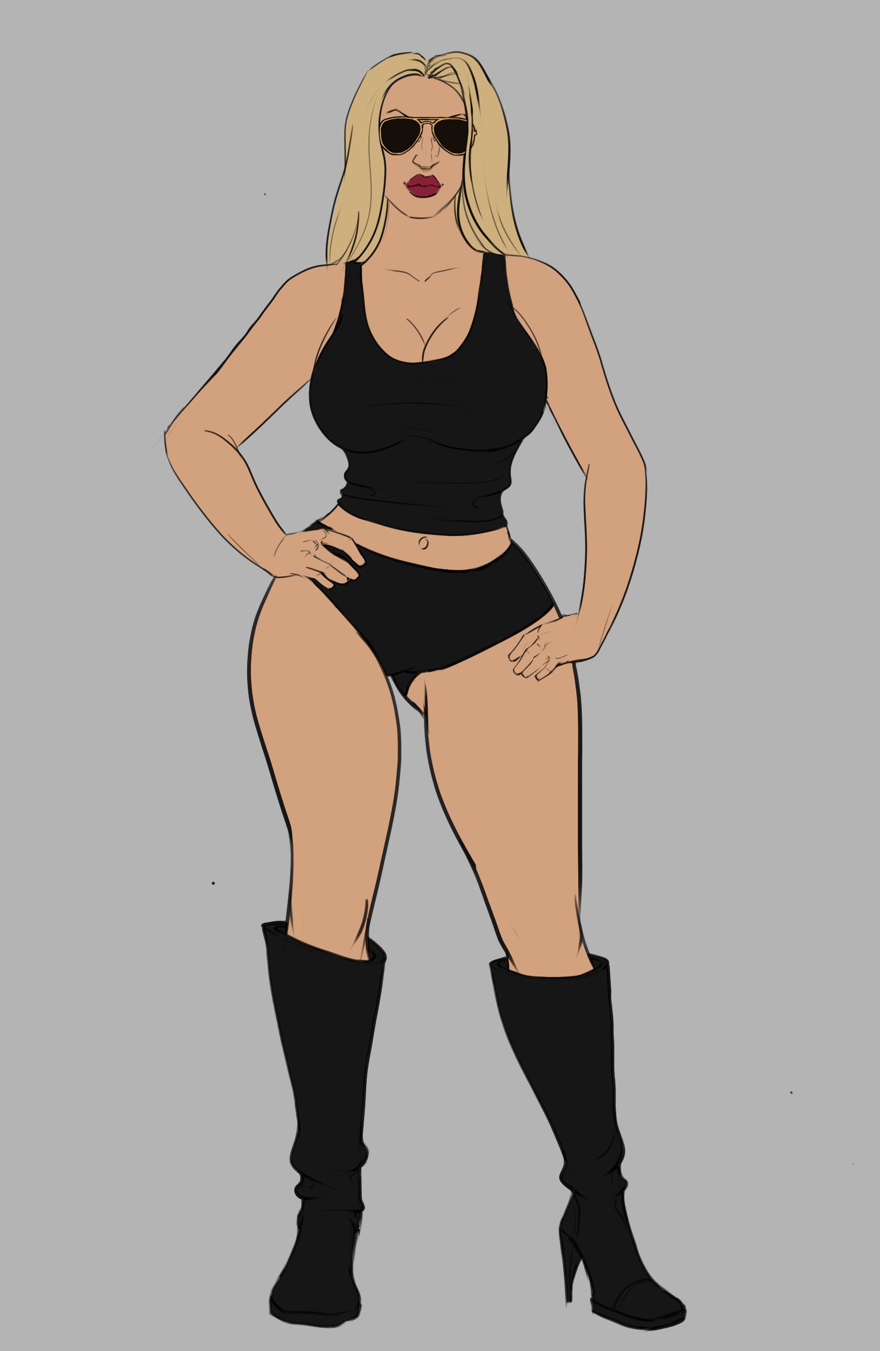 A woman with long blonde hair, wearing black sunglasses, red lipstick, a black sleeveless crop top, black shorts, and black high-heeled boots, standing with one hand on her hip against a plain gray background.