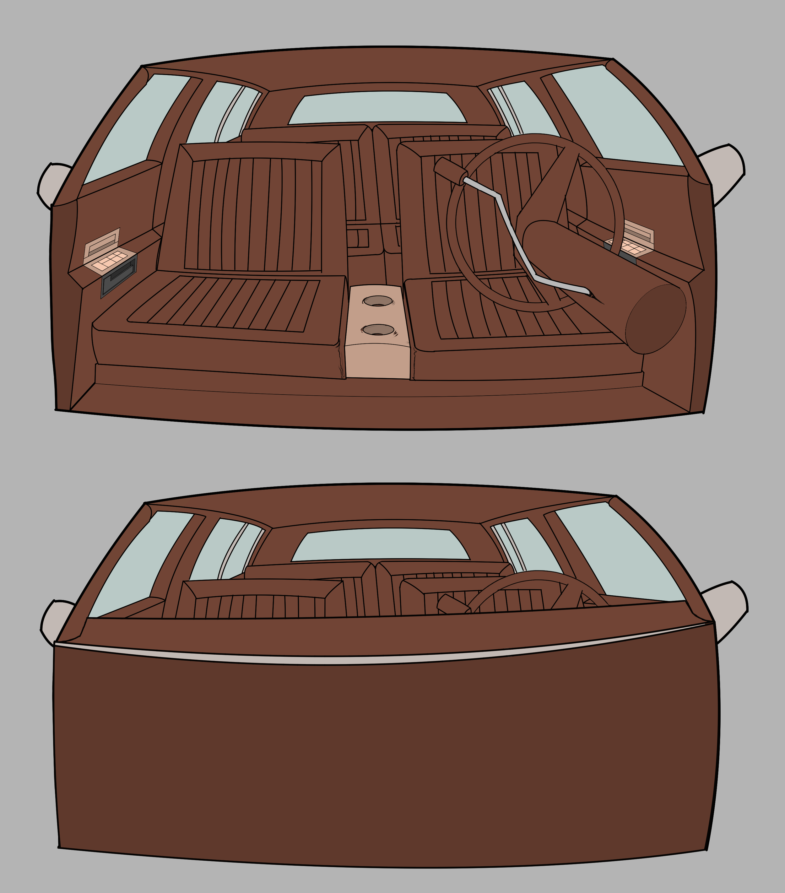 Illustration of the interior of a vintage wood-paneled automobile showing the dashboard, steering wheel, and front seats.