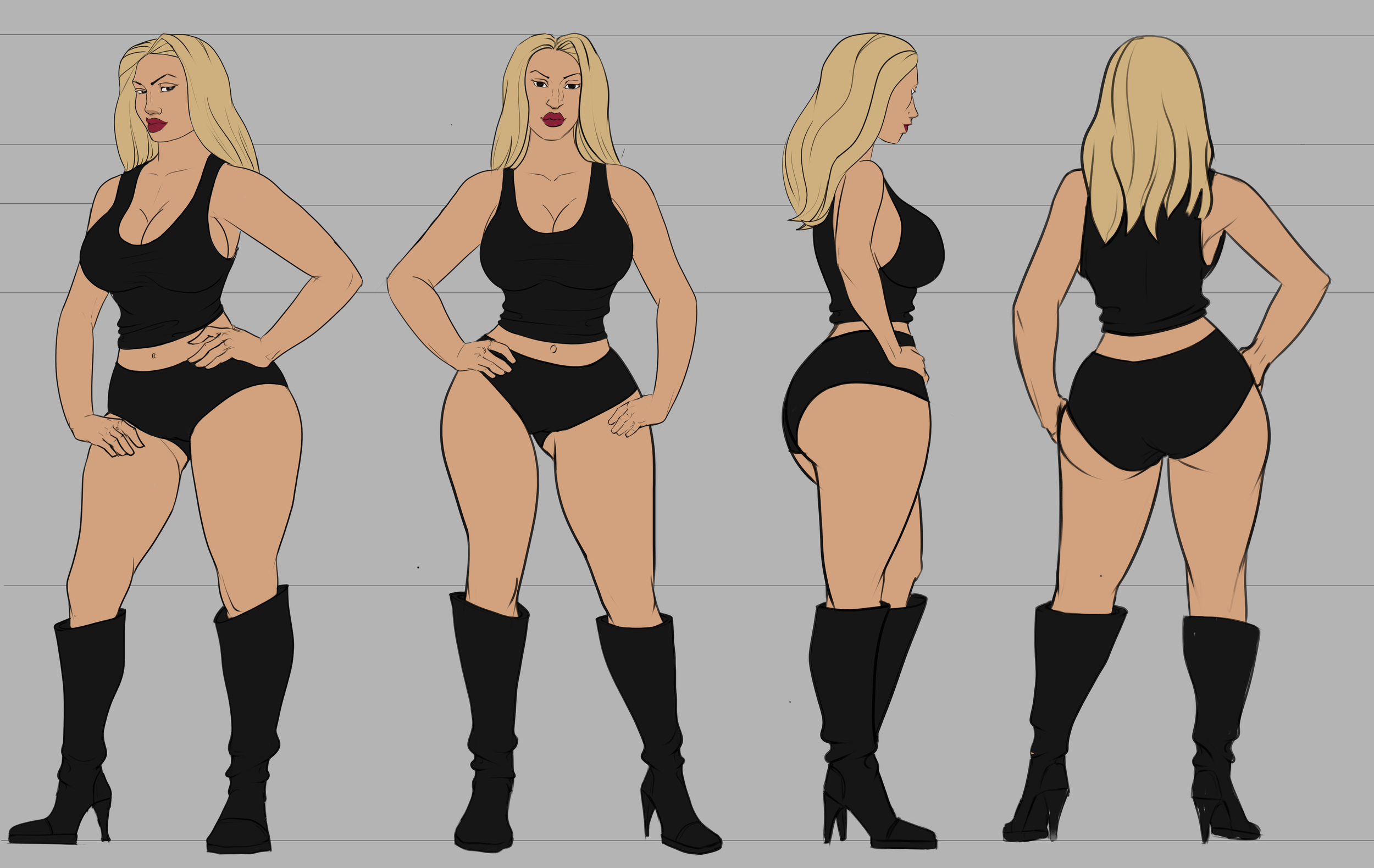Illustration of a woman in four different poses, wearing a black tank top, shorts, and high-heeled boots, standing against a gray background with measurement lines.